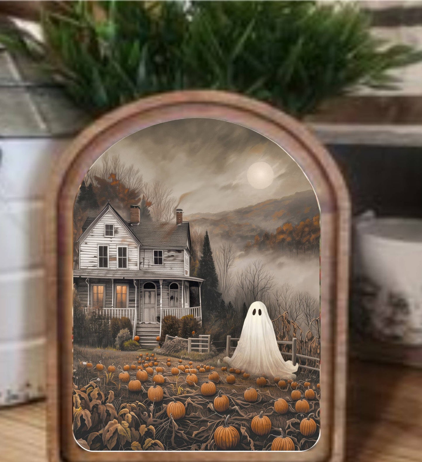 Arch Top Moody Ghost House Framed Art