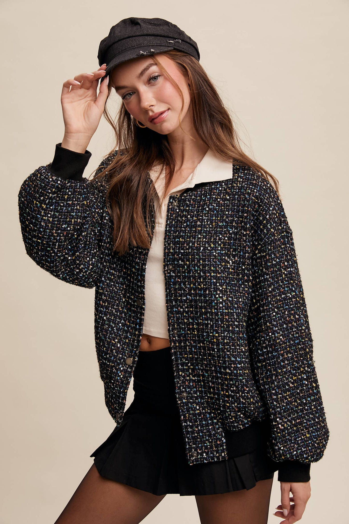 Sequin Tweed Bomber Jacket