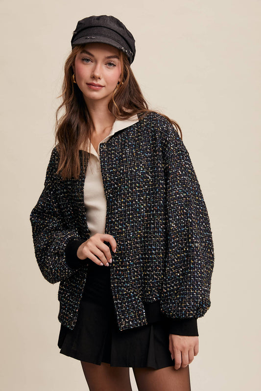 Sequin Tweed Bomber Jacket