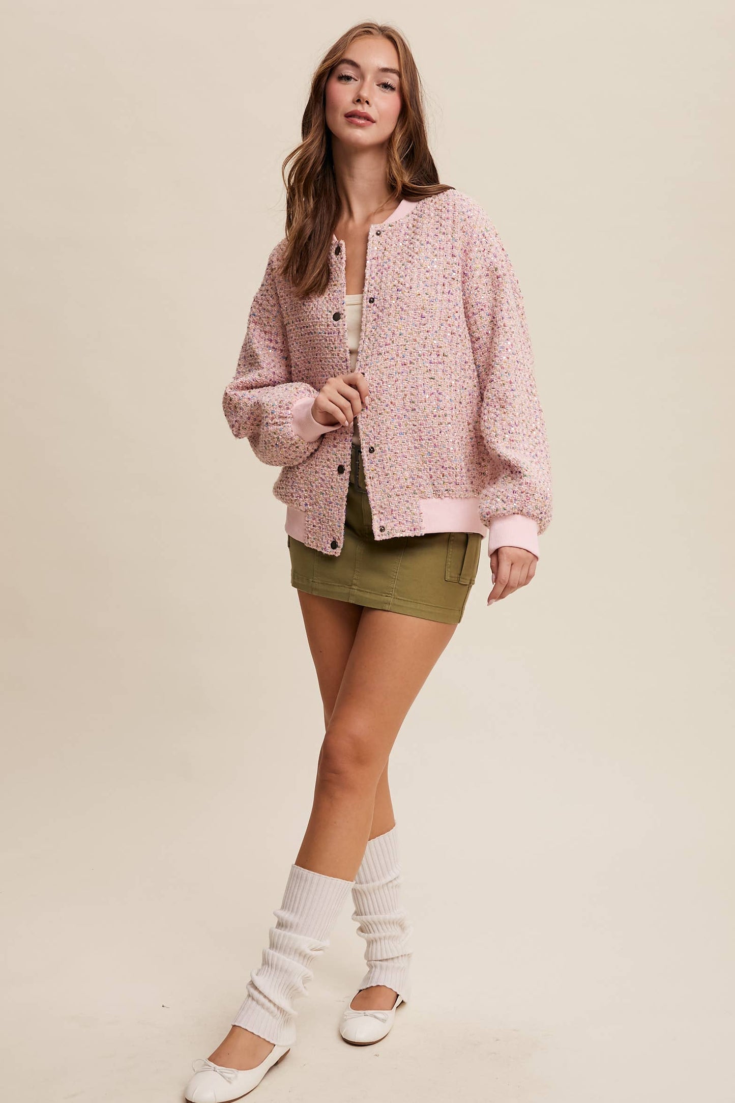 Sequin Tweed Bomber Jacket