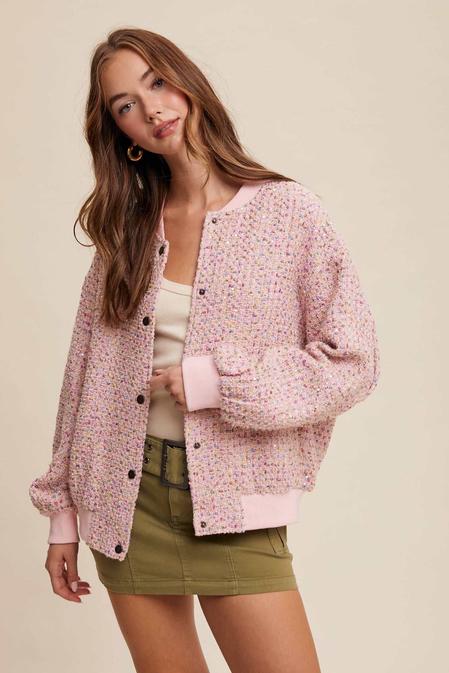 Sequin Tweed Bomber Jacket