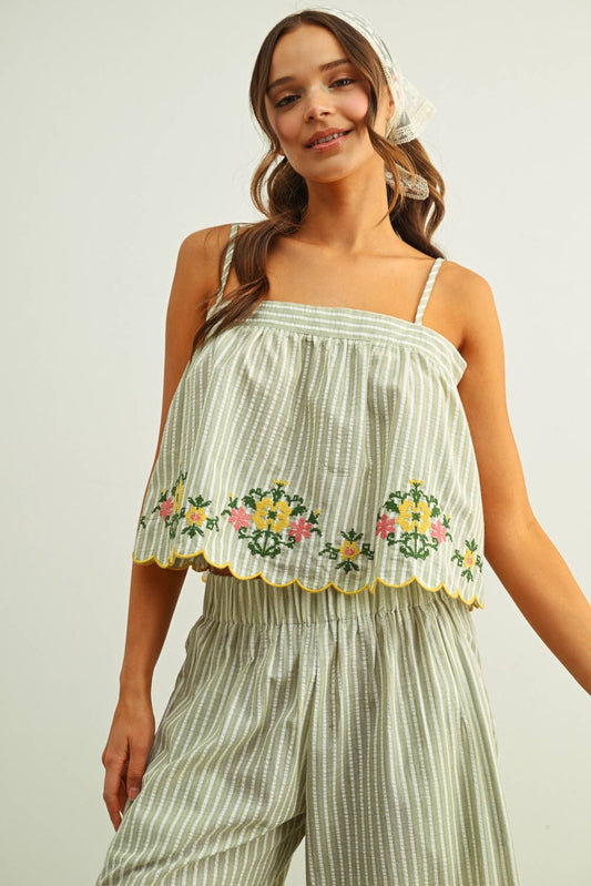 Striped Floral Embroidered Top