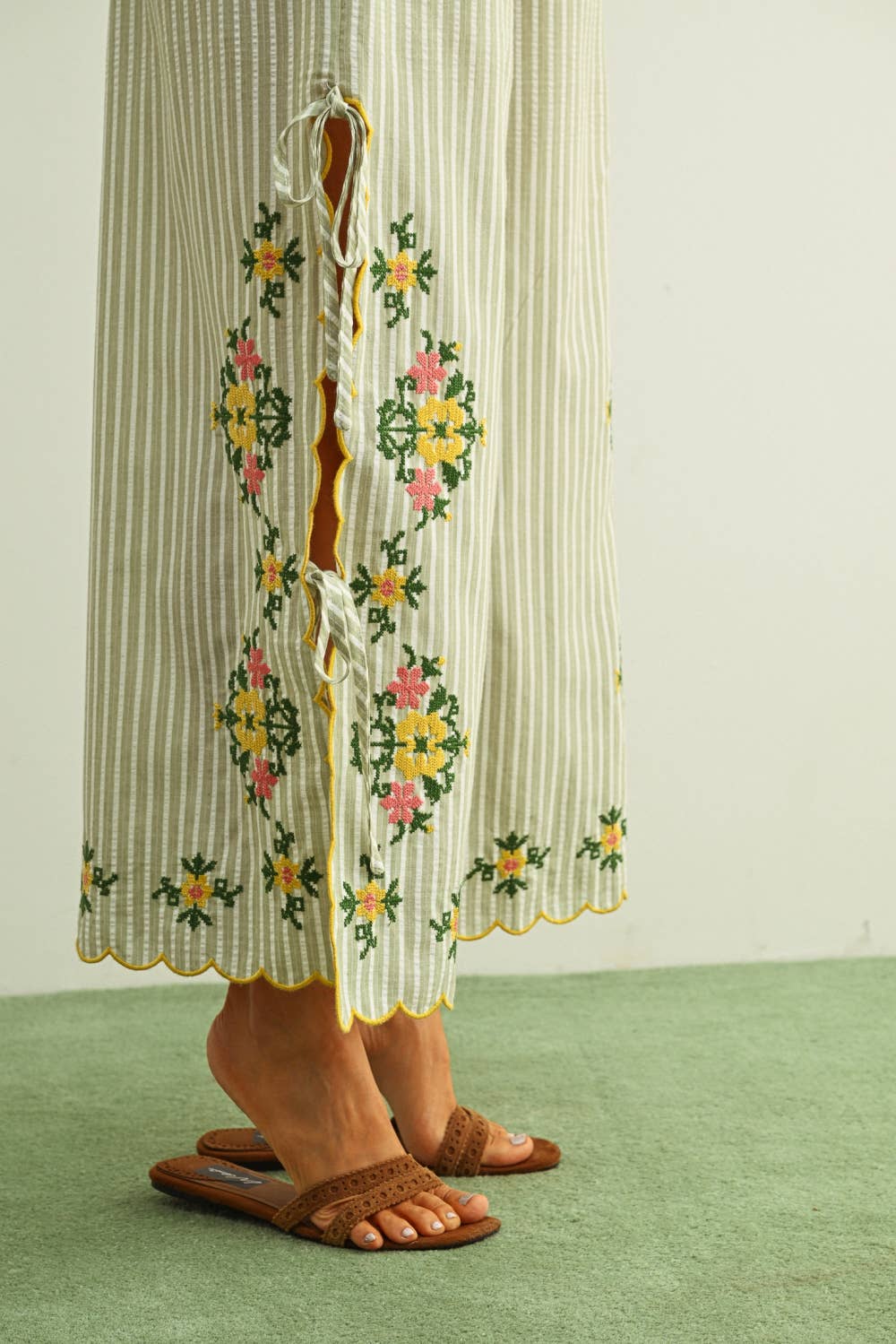 Striped Embroidered Floral Pants