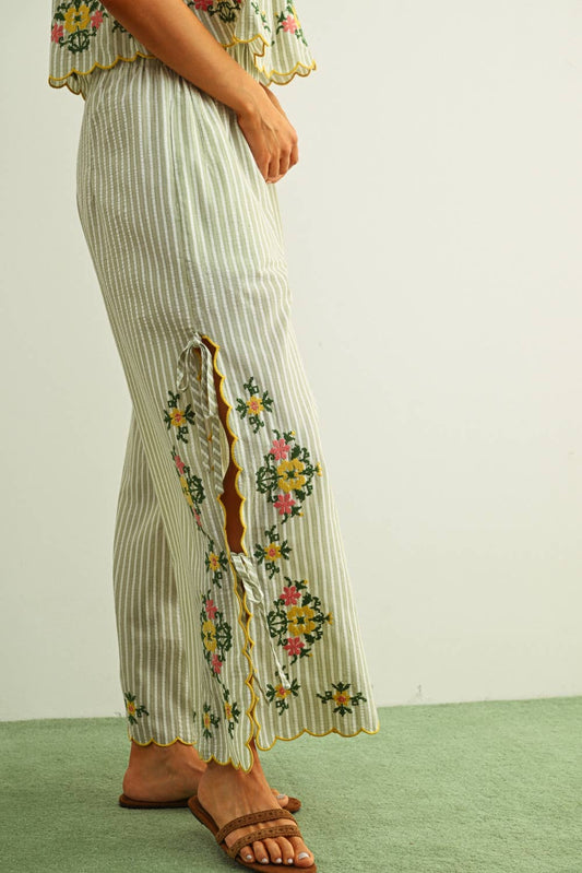 Striped Embroidered Floral Pants