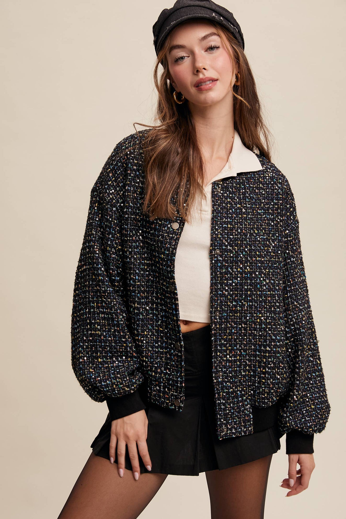 Sequin Tweed Bomber Jacket