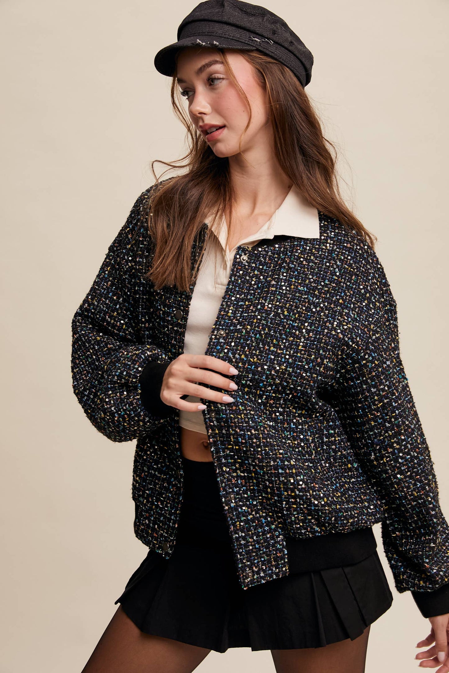 Sequin Tweed Bomber Jacket