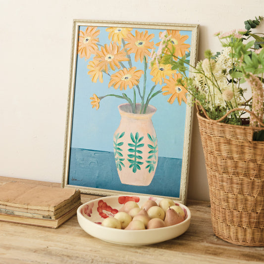 Composite Framed Canvas Wall Decor with Hand-Painted Flowers in Vase
