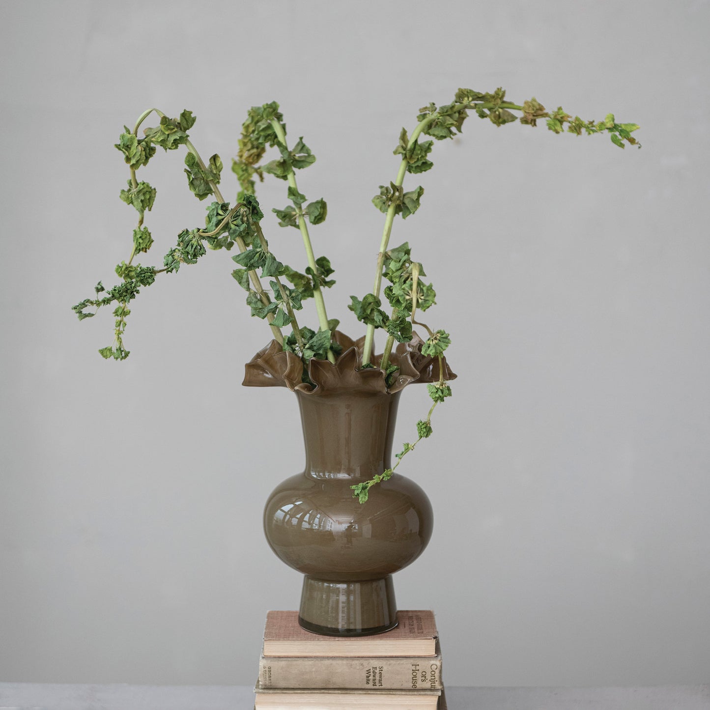 Opaque Olive Footed Ruffled Vase