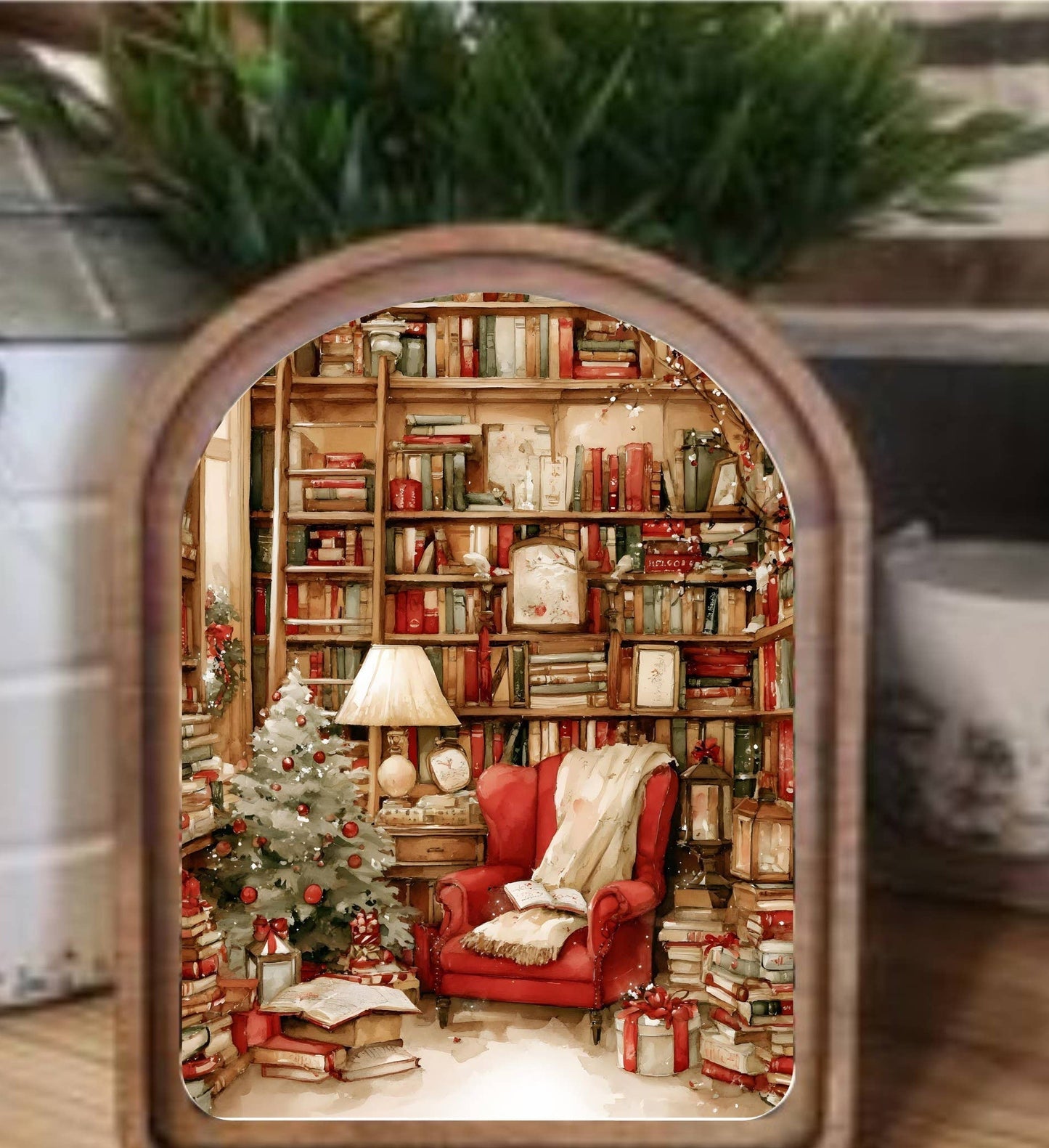 Arch Top Cozy Christmas Reading Nook Framed Art