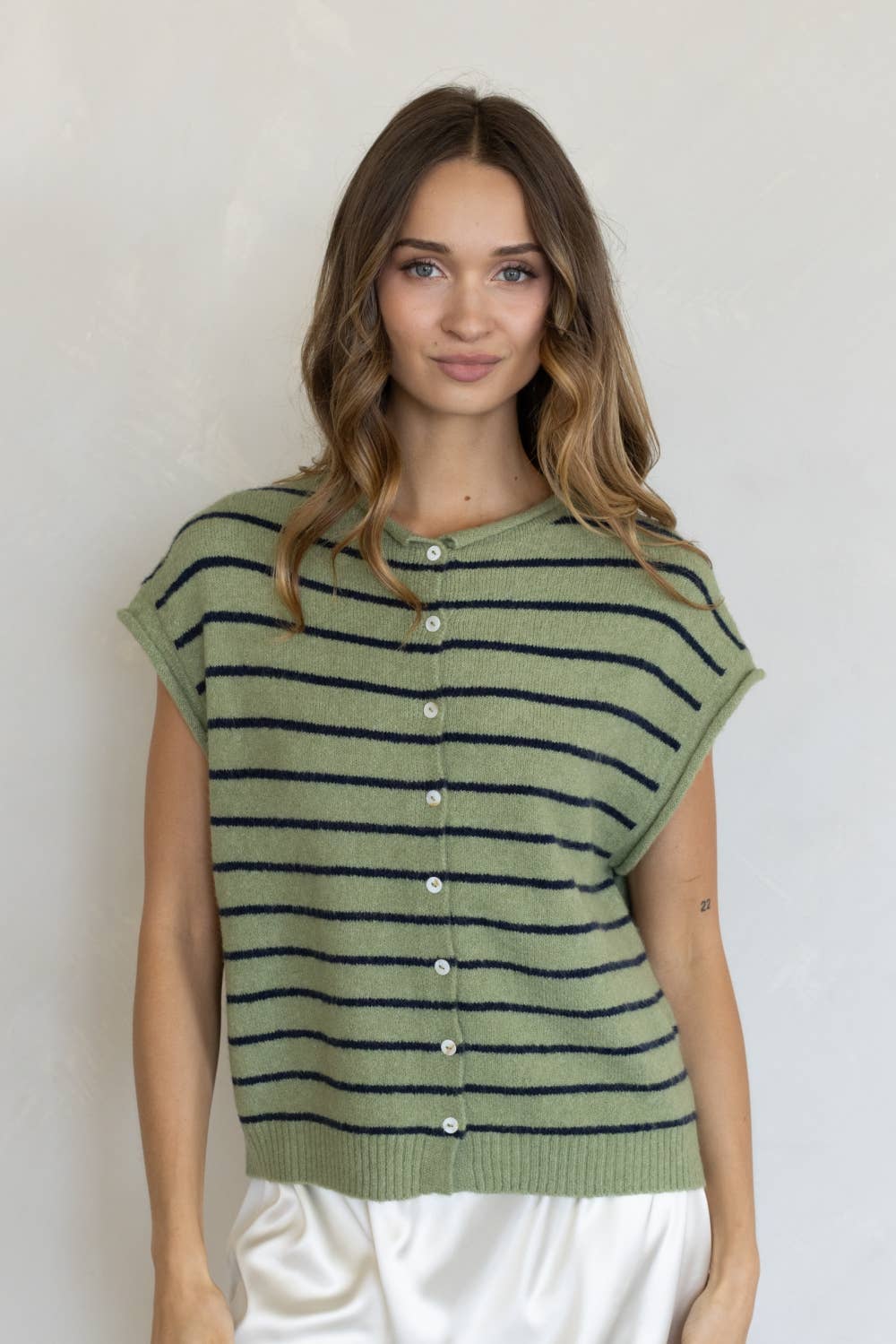 Matcha & Navy Striped Cardigan Vest