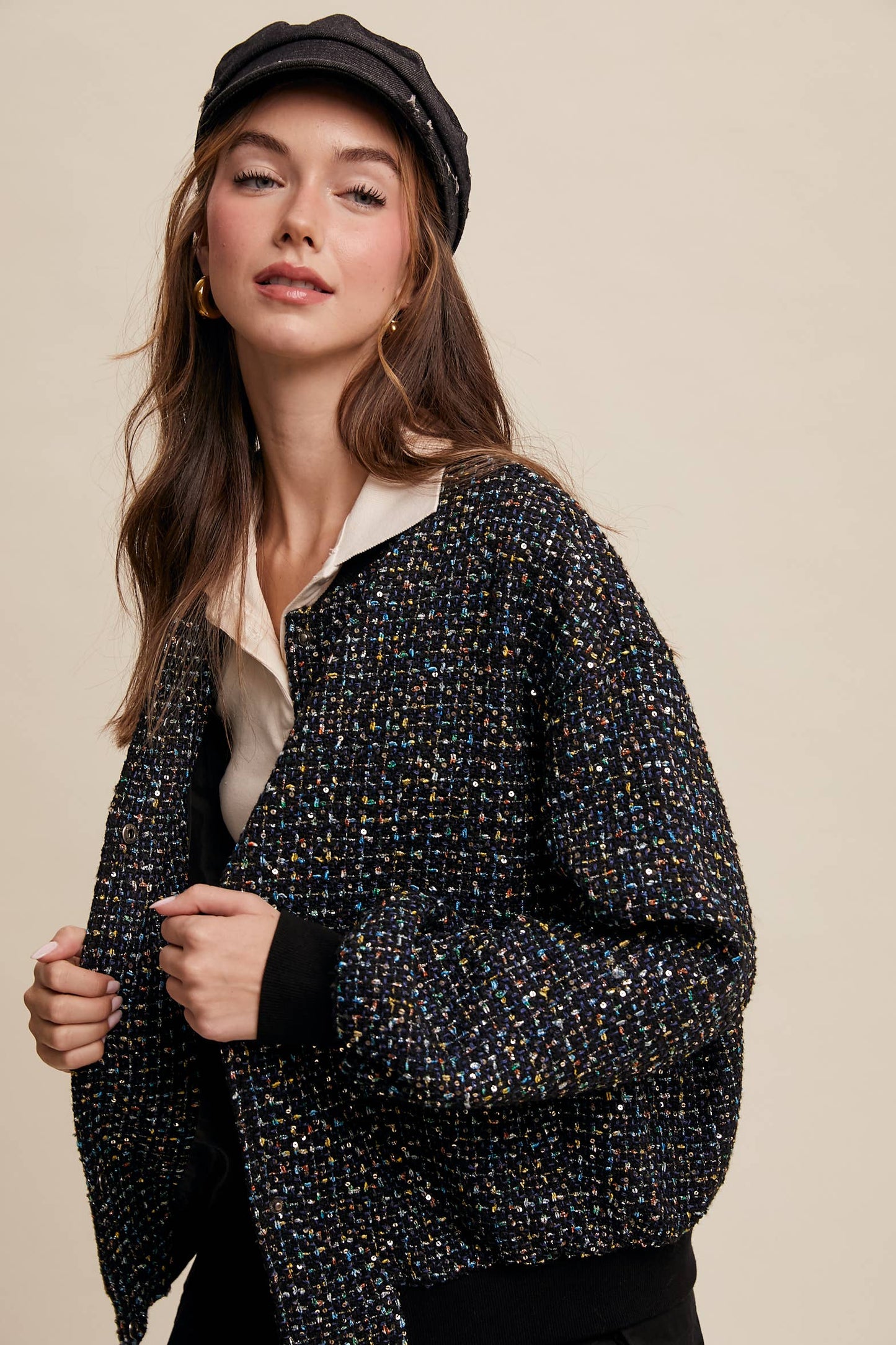 Sequin Tweed Bomber Jacket