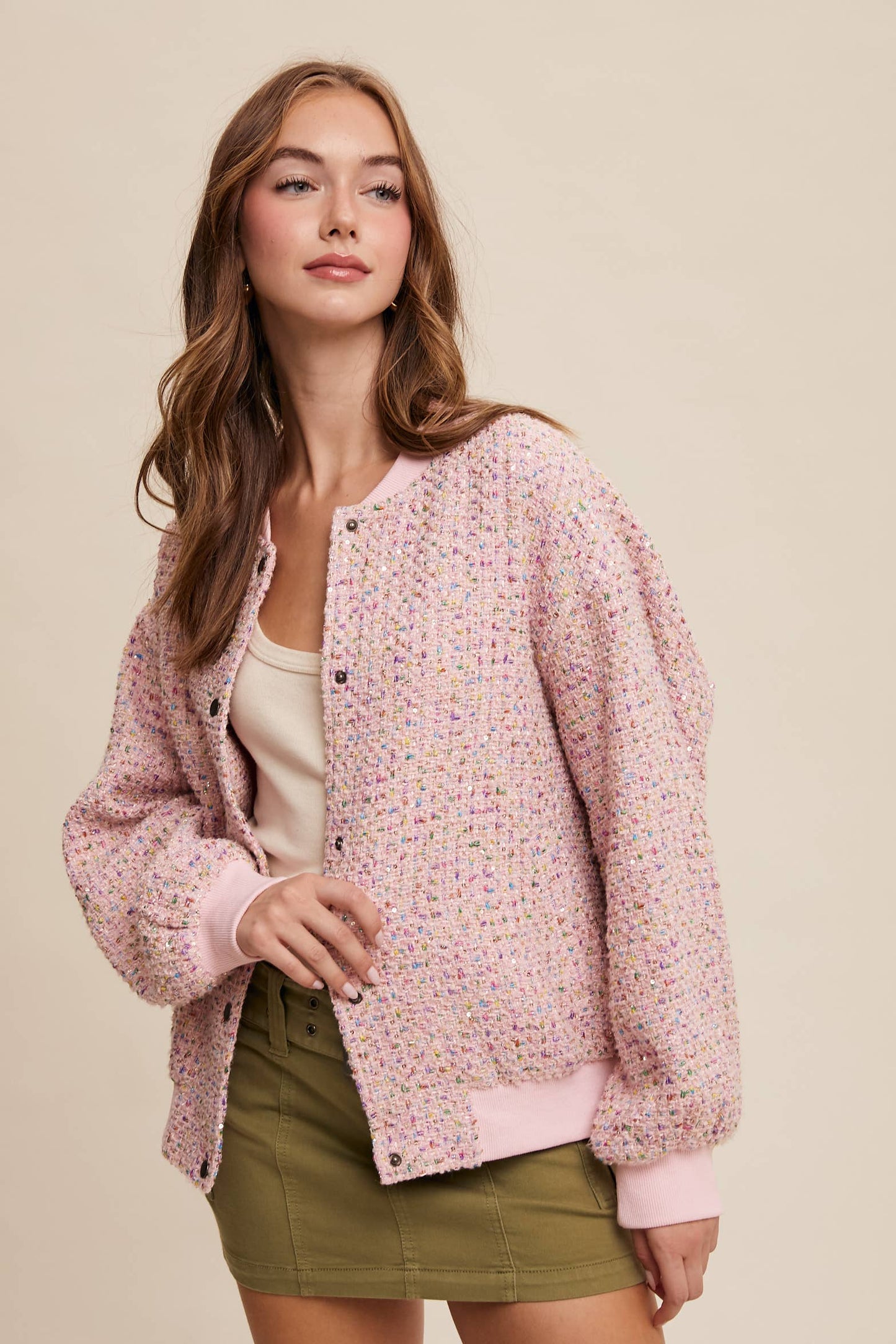 Sequin Tweed Bomber Jacket
