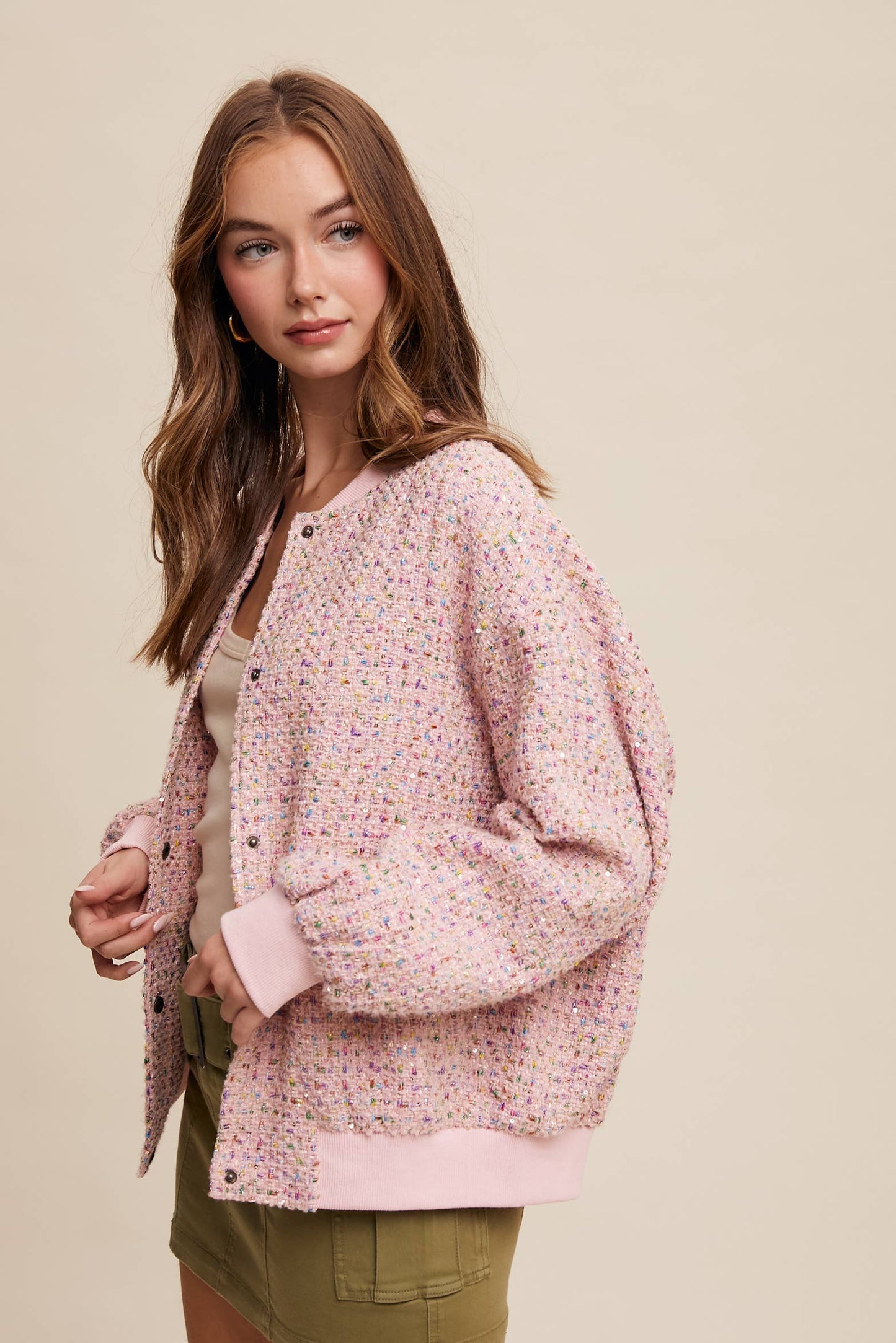 Sequin Tweed Bomber Jacket