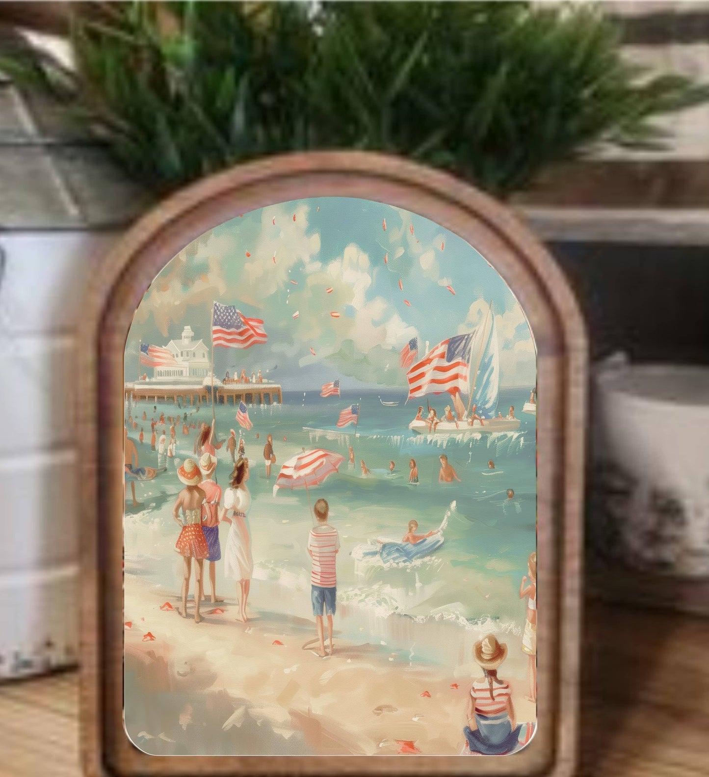 Arch Top Patriotic Beach Scene Framed Art