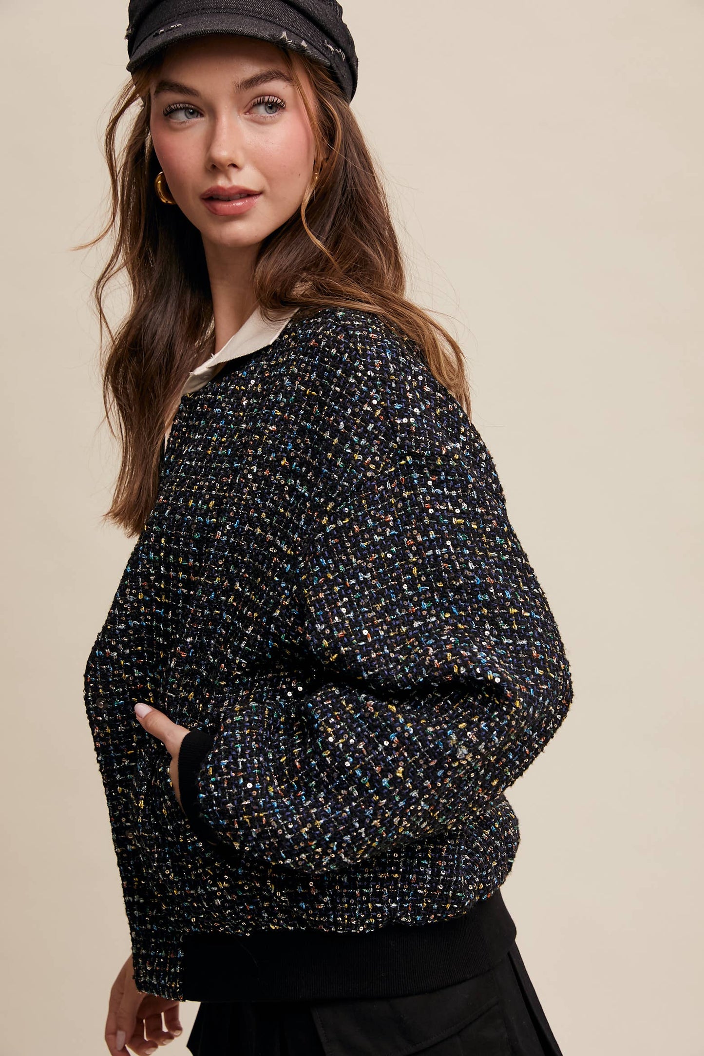 Sequin Tweed Bomber Jacket