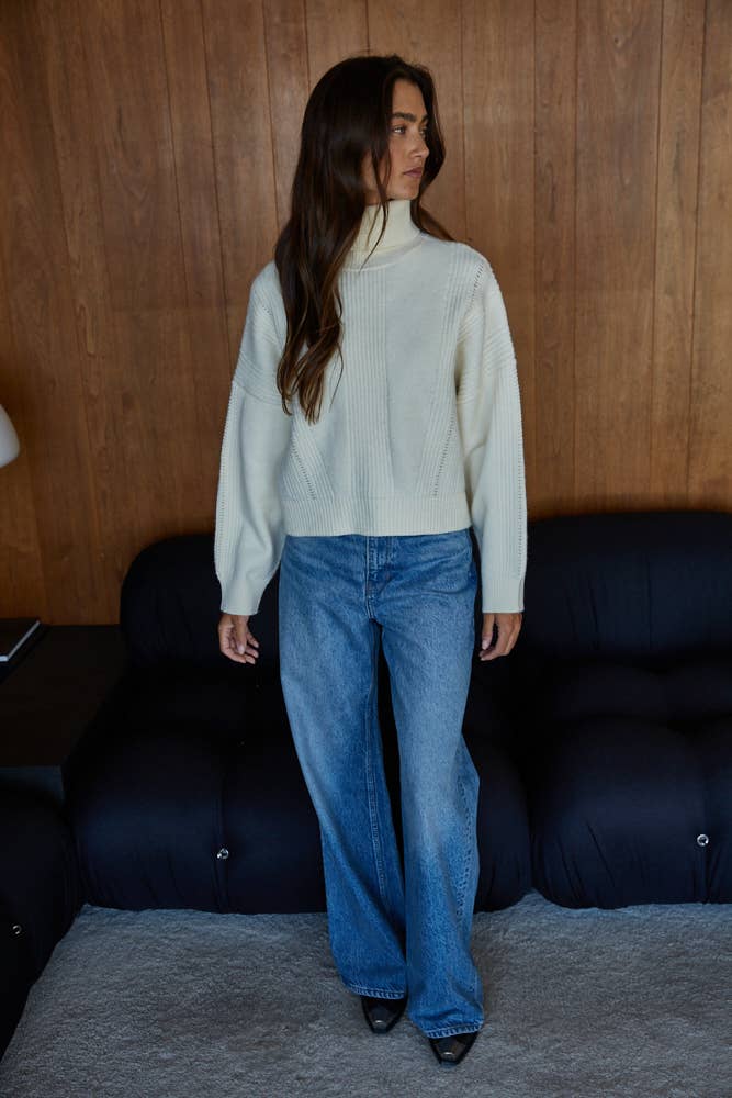 Knit Sweater Semi Ribbed Long Sleeve Turtleneck
