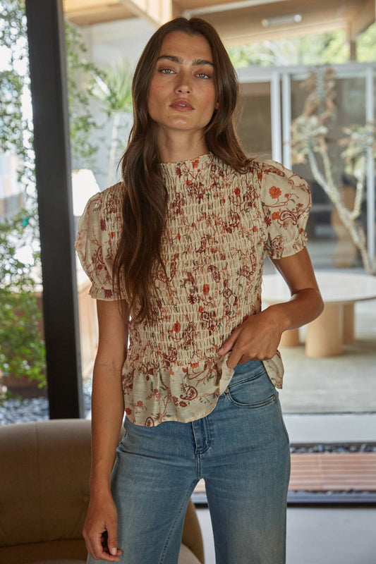 Woven Floral Print Smocked Peplum Blouse