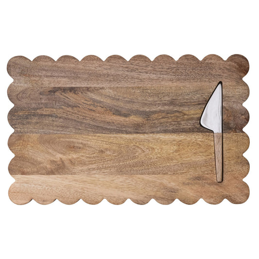 Mango Wood Scalloped Cheese/Serving Board w/ Stainless Steel Cheese Knife, Set of 2