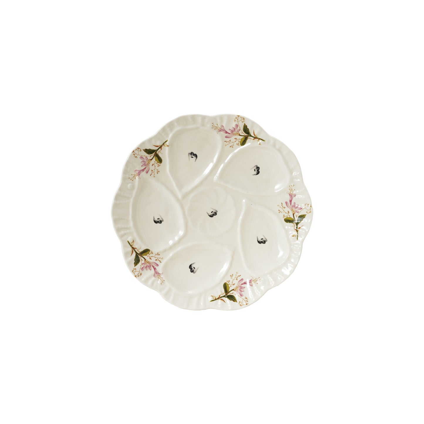 Stoneware Vintage Reproduction Scalloped Oyster Plate w/ Flowers