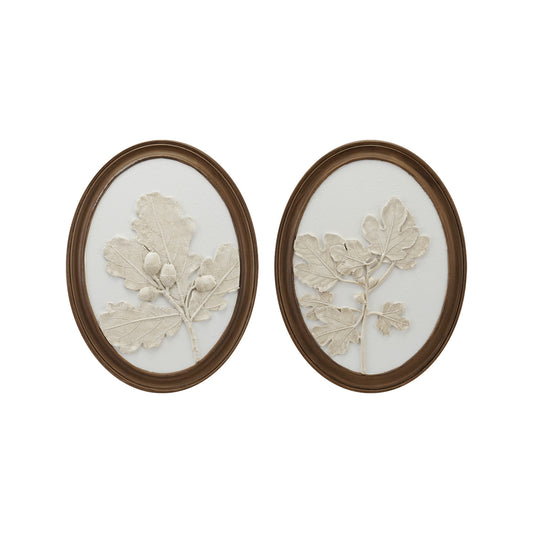 Oval Wood Framed Wall Decor with Plaster Cast Leaves & Acorns, White & Brown, 2 Styles