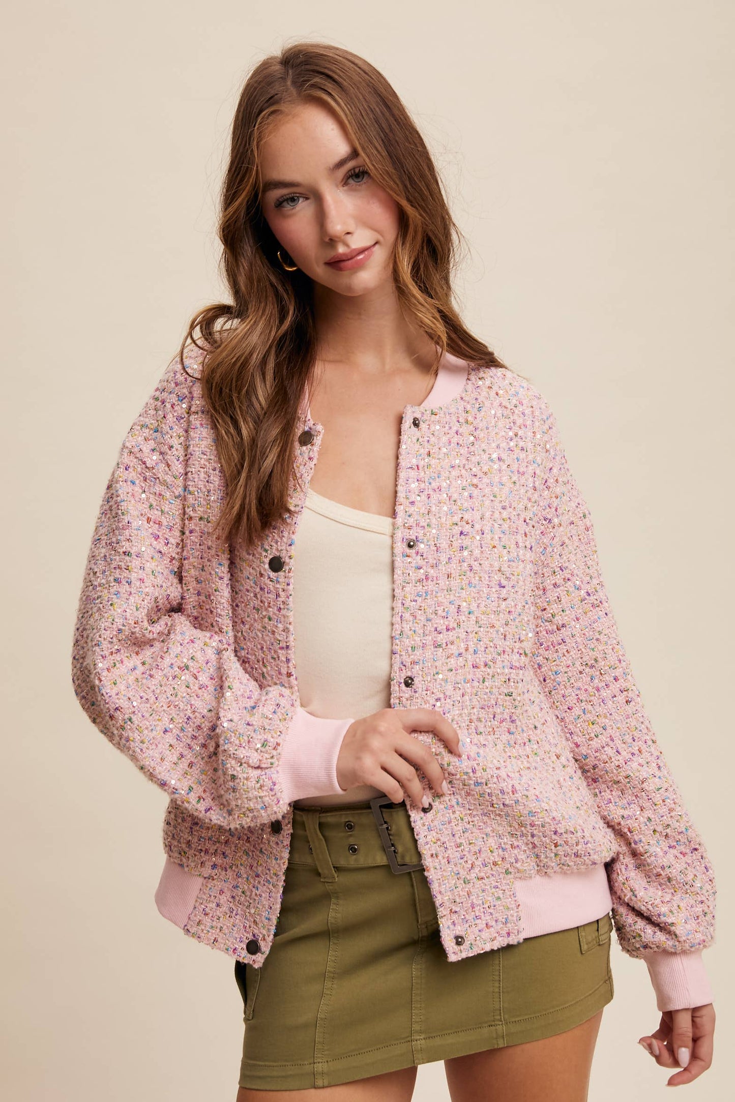 Sequin Tweed Bomber Jacket