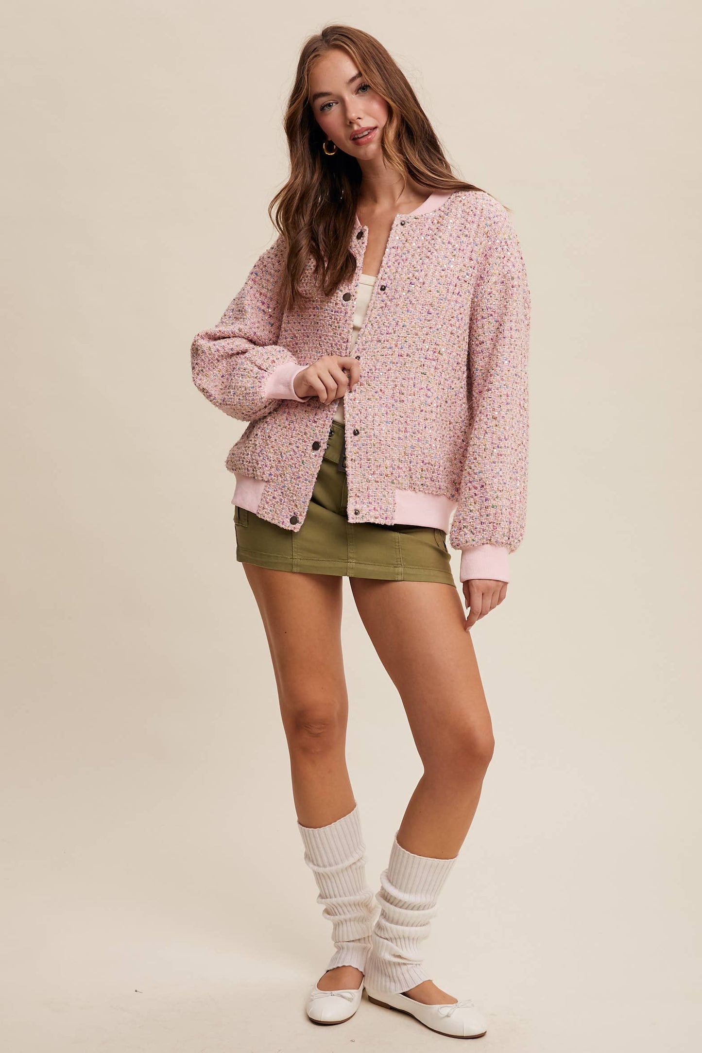 Sequin Tweed Bomber Jacket