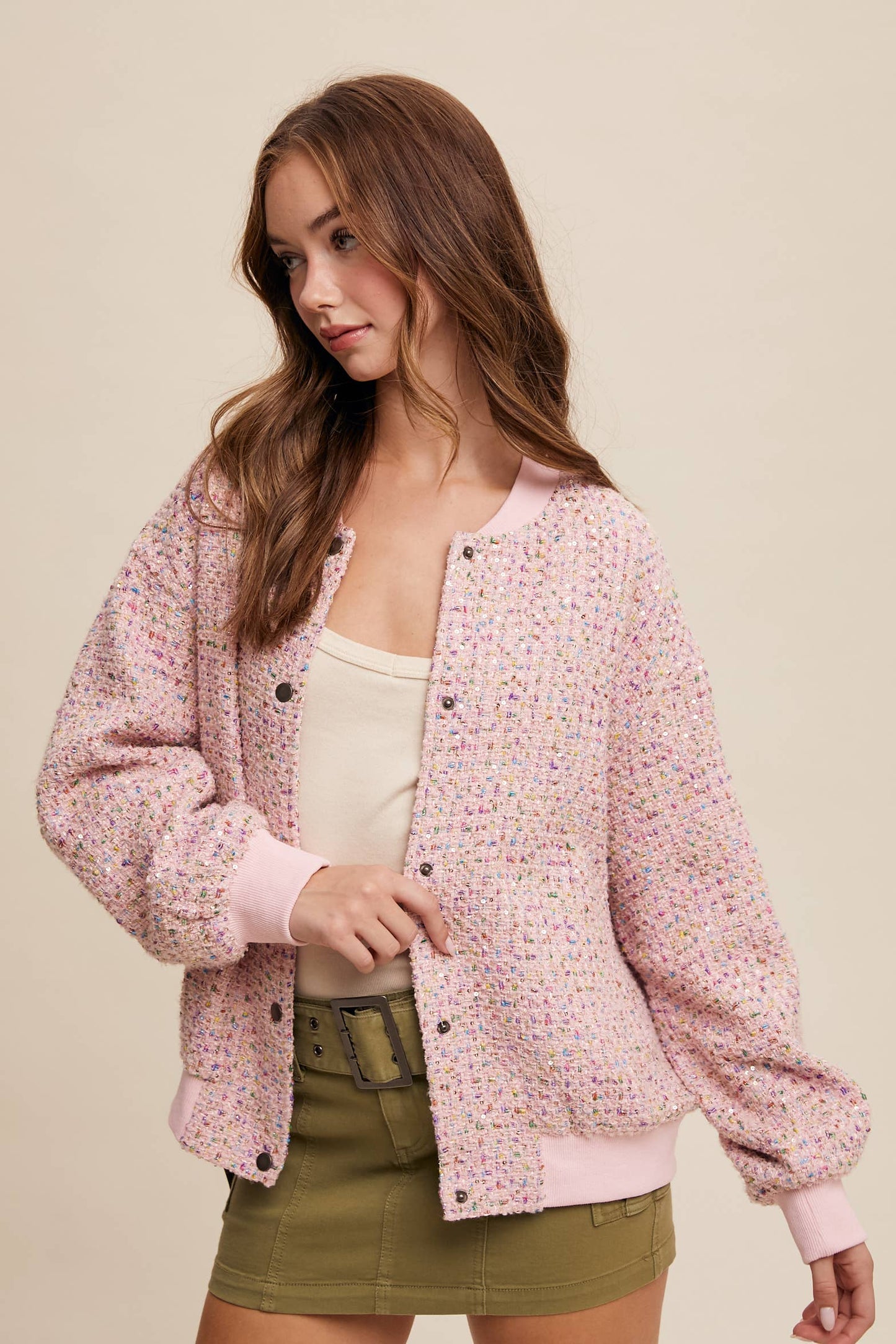 Sequin Tweed Bomber Jacket