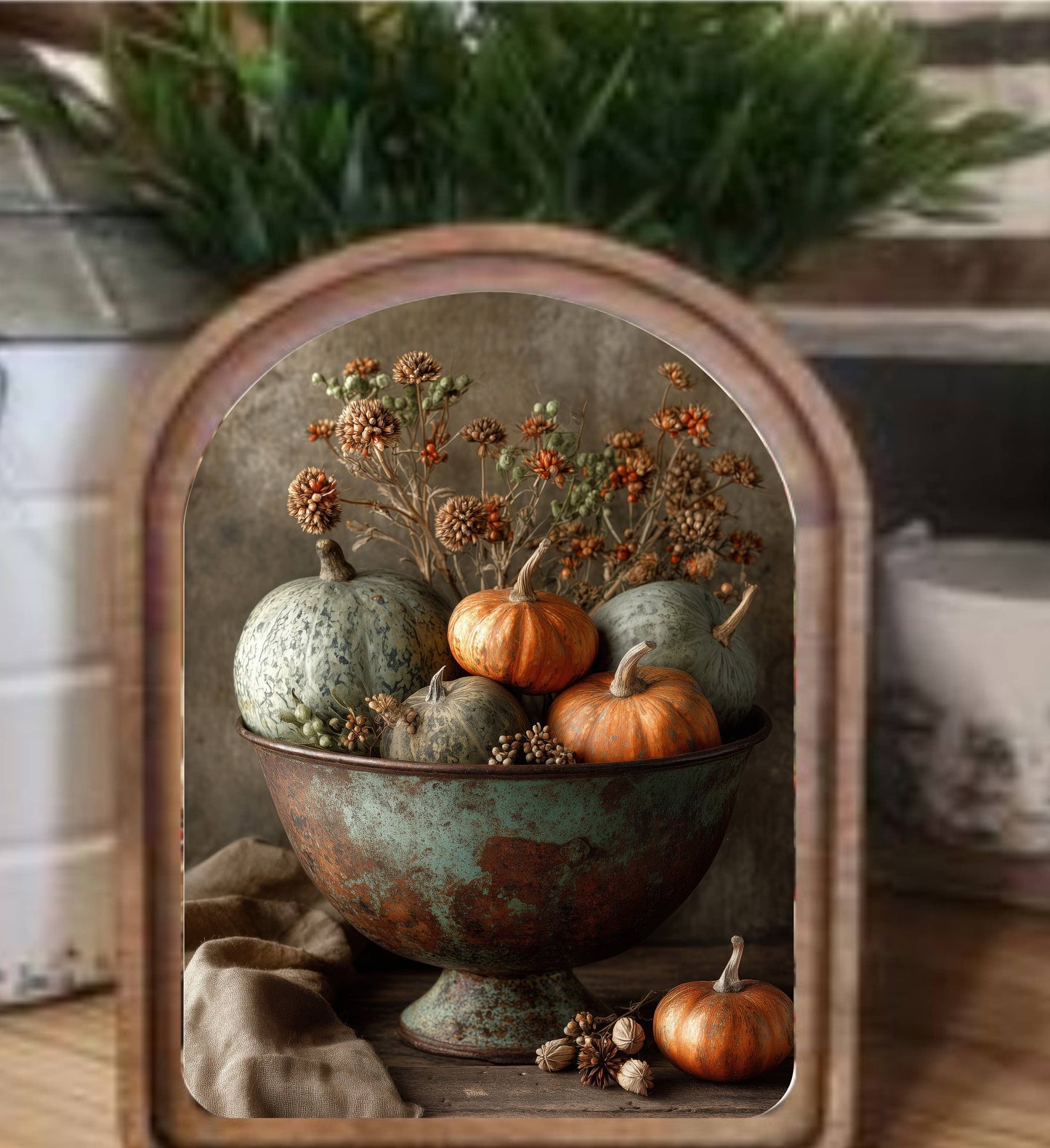 Arch Top Pumpkins In Bowl Framed Art
