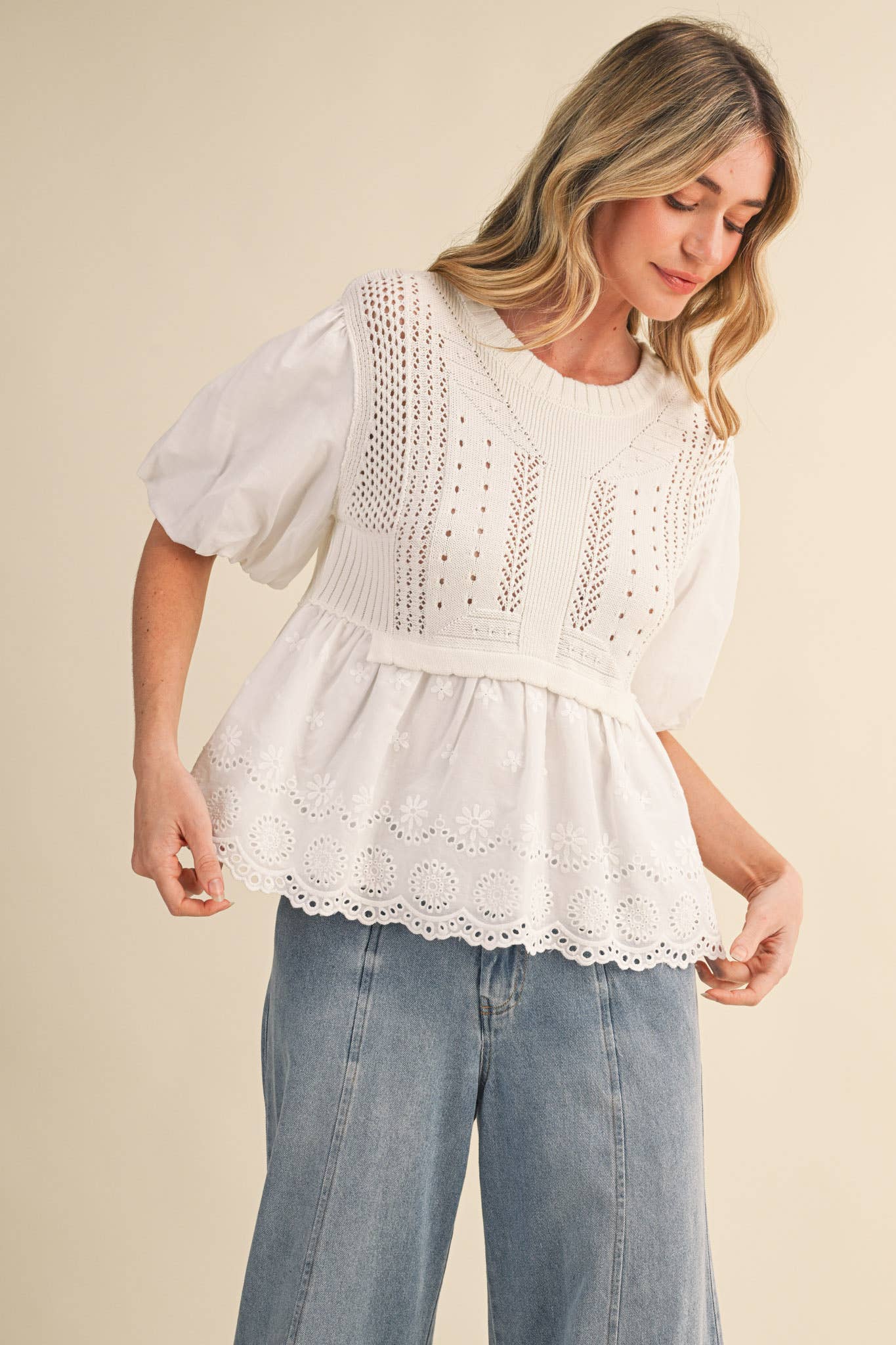 Pointelle Bubble Sleeve Sweater Top