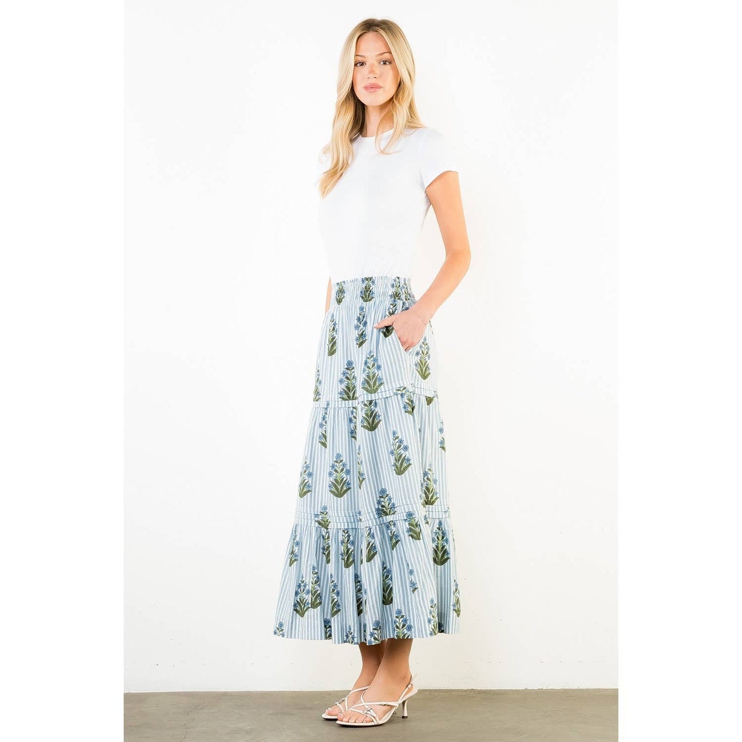 Long Striped Floral Pattern Skirt