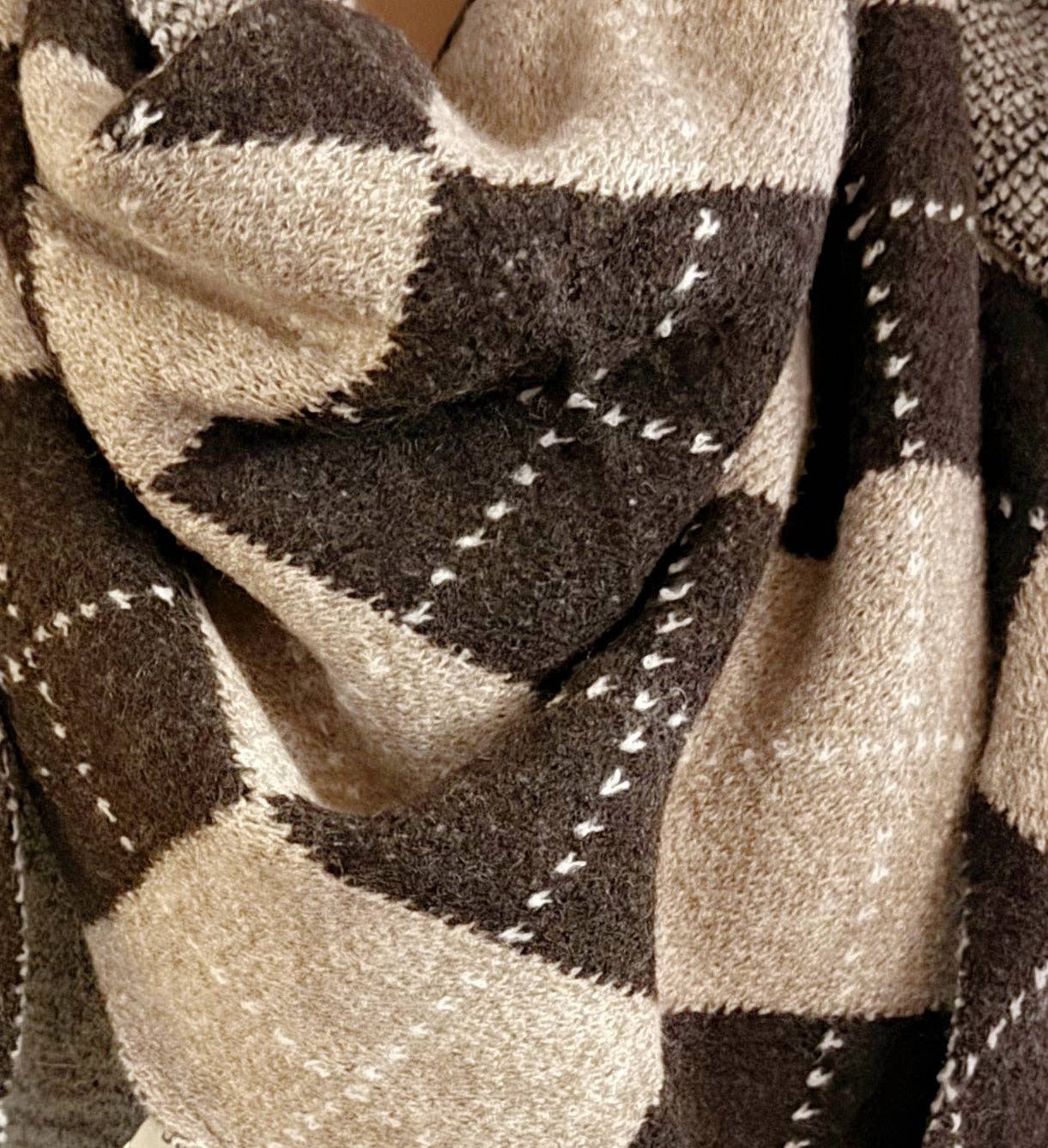 Coffee Argyle Knit Triangle Scarf