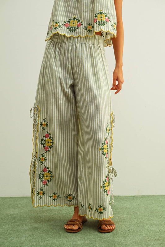 Striped Embroidered Floral Pants