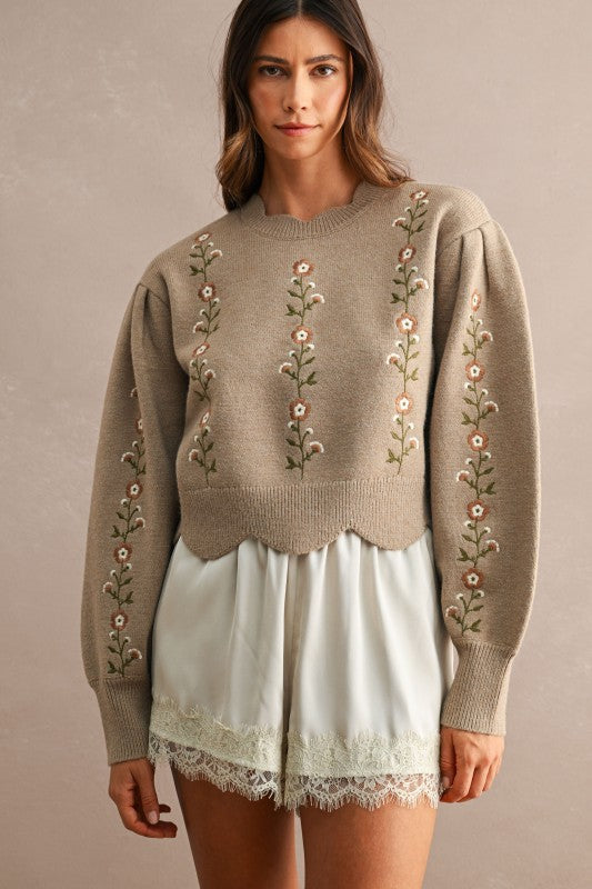 Scallop Floral Detail Knit Top