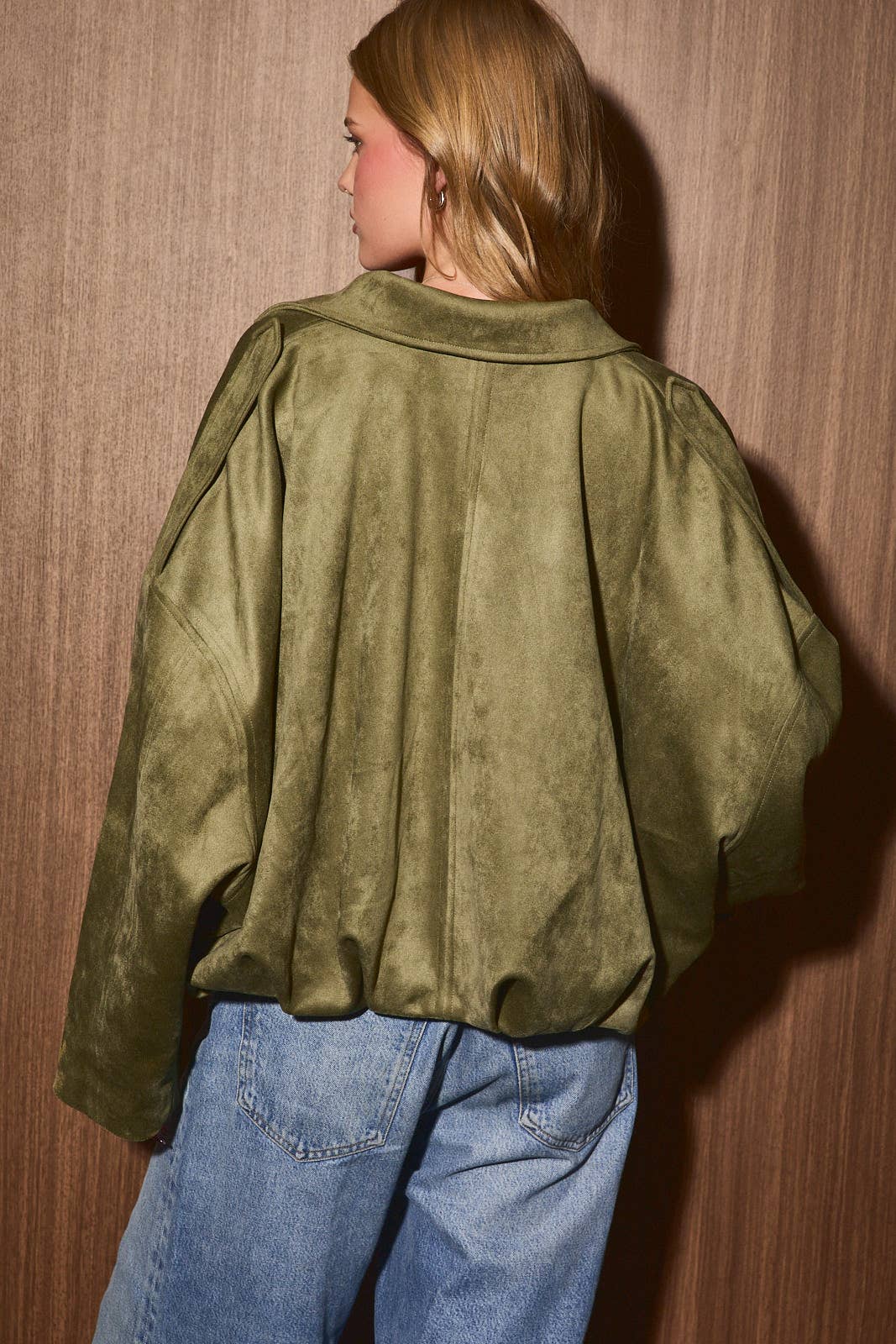 Oversized Suede Collared Zip Front Bomber Jacket