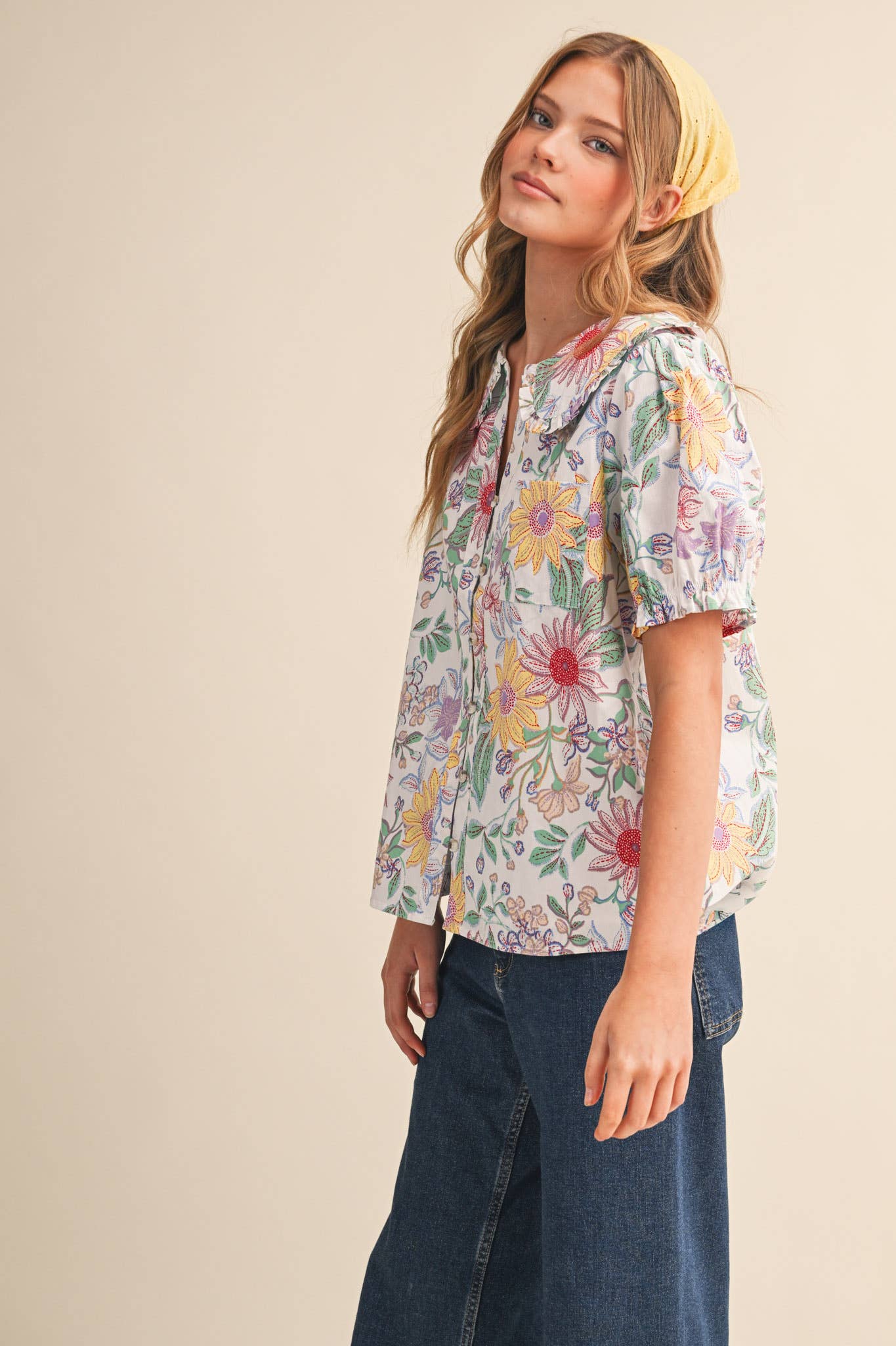FLORAL PRINT DOLL COLLAR BUTTON DOWN