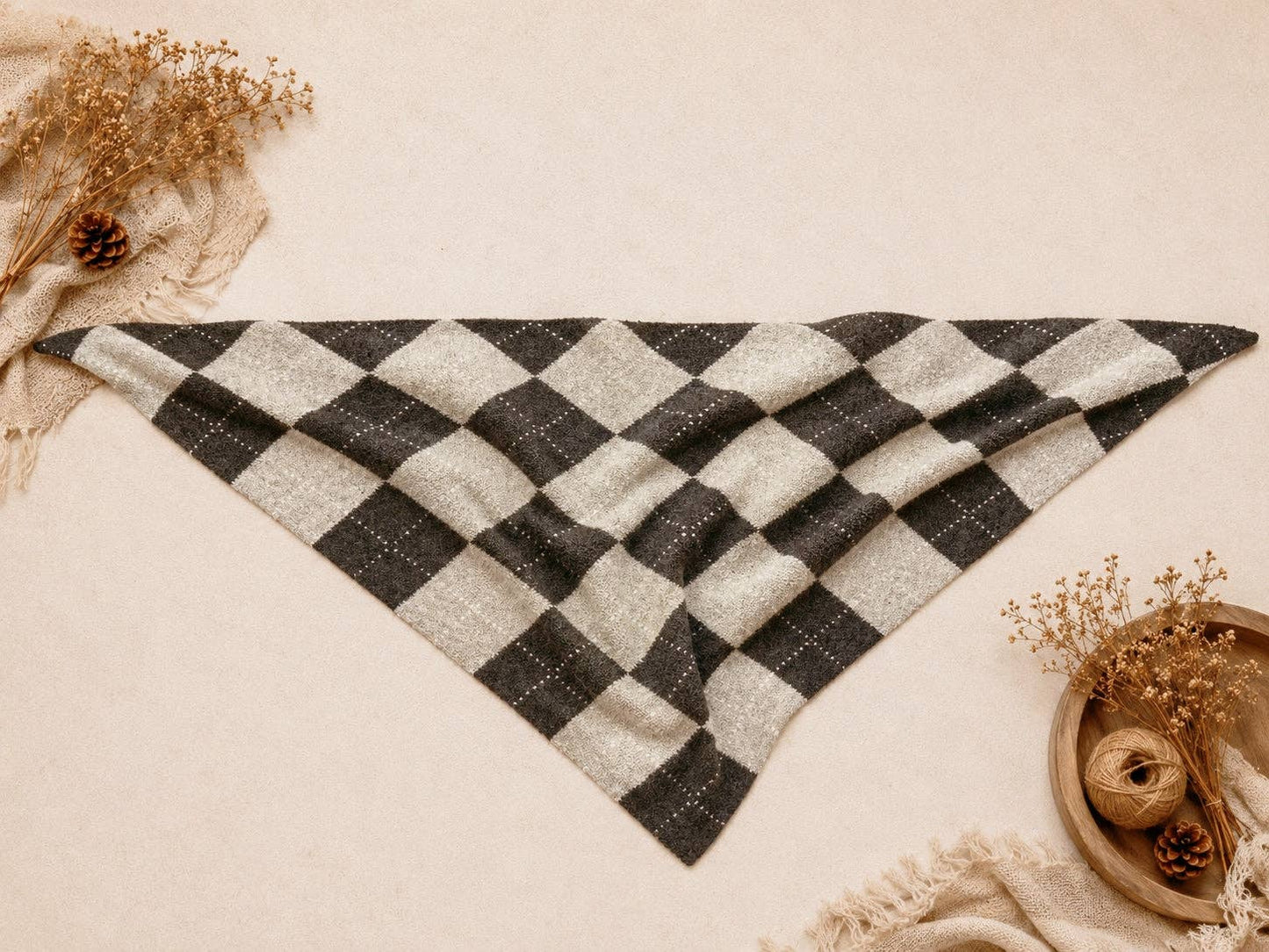 Coffee Argyle Knit Triangle Scarf