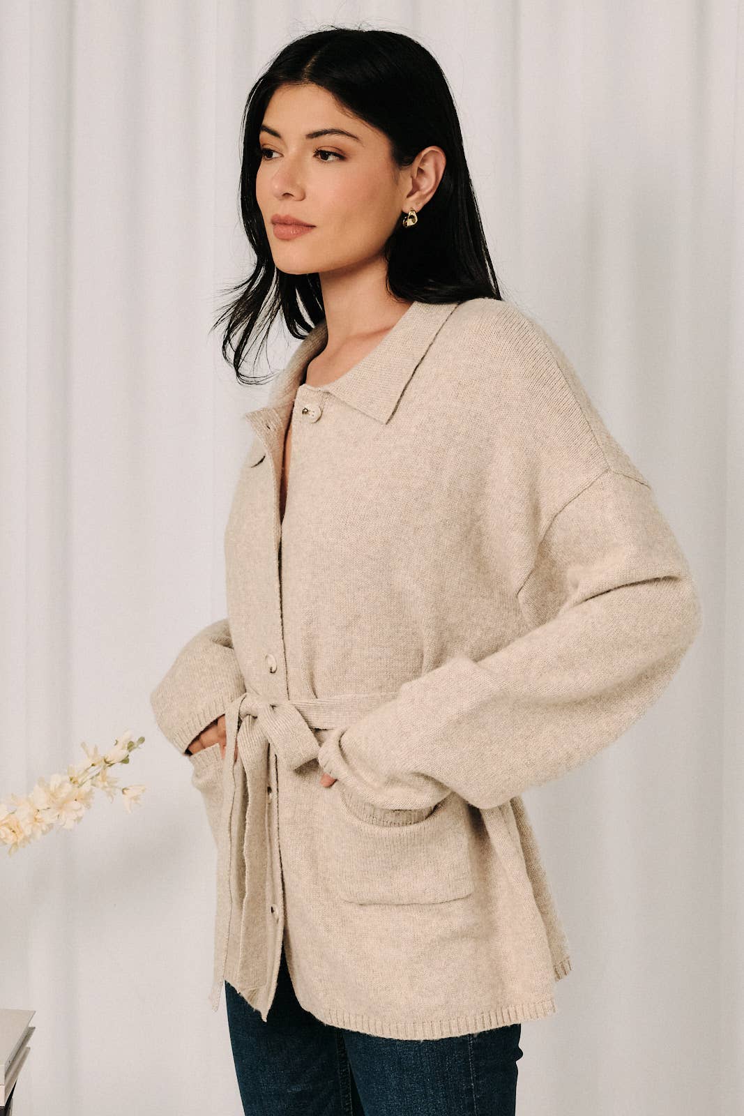 Open V-Neck Knit Sweater Cardigan
