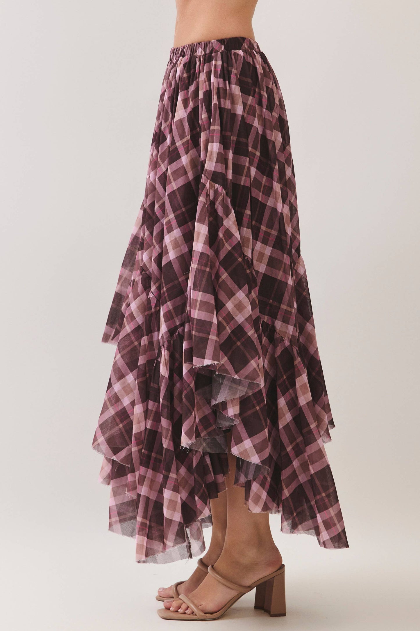 Plaid Asymmetrical Tiered Maxi Skirt