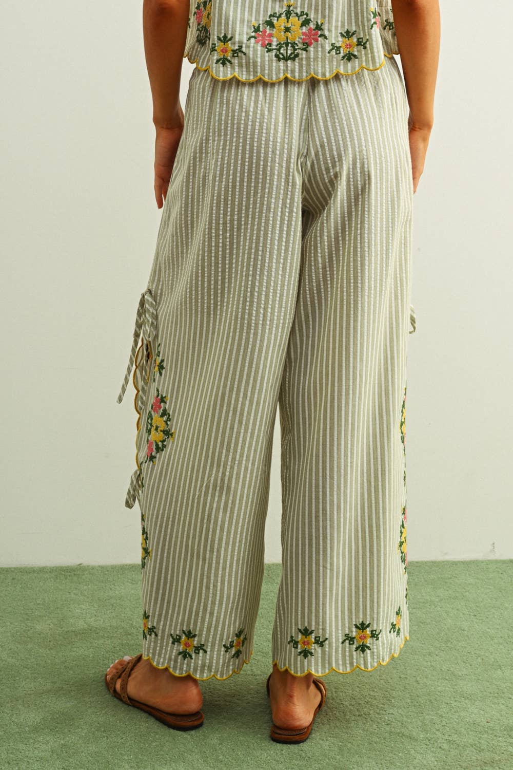Striped Embroidered Floral Pants