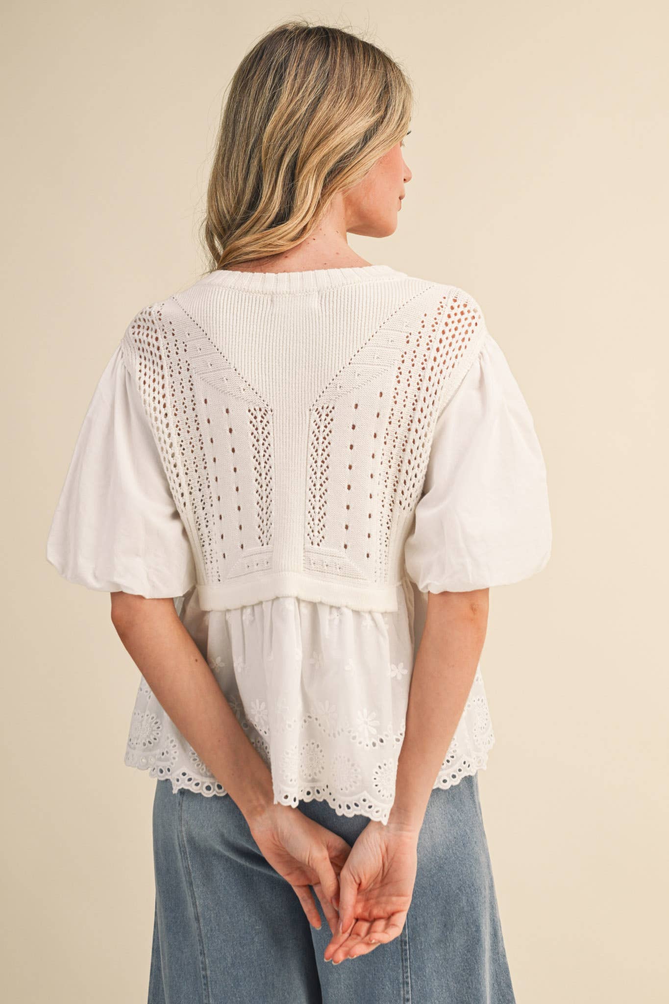 Pointelle Bubble Sleeve Sweater Top
