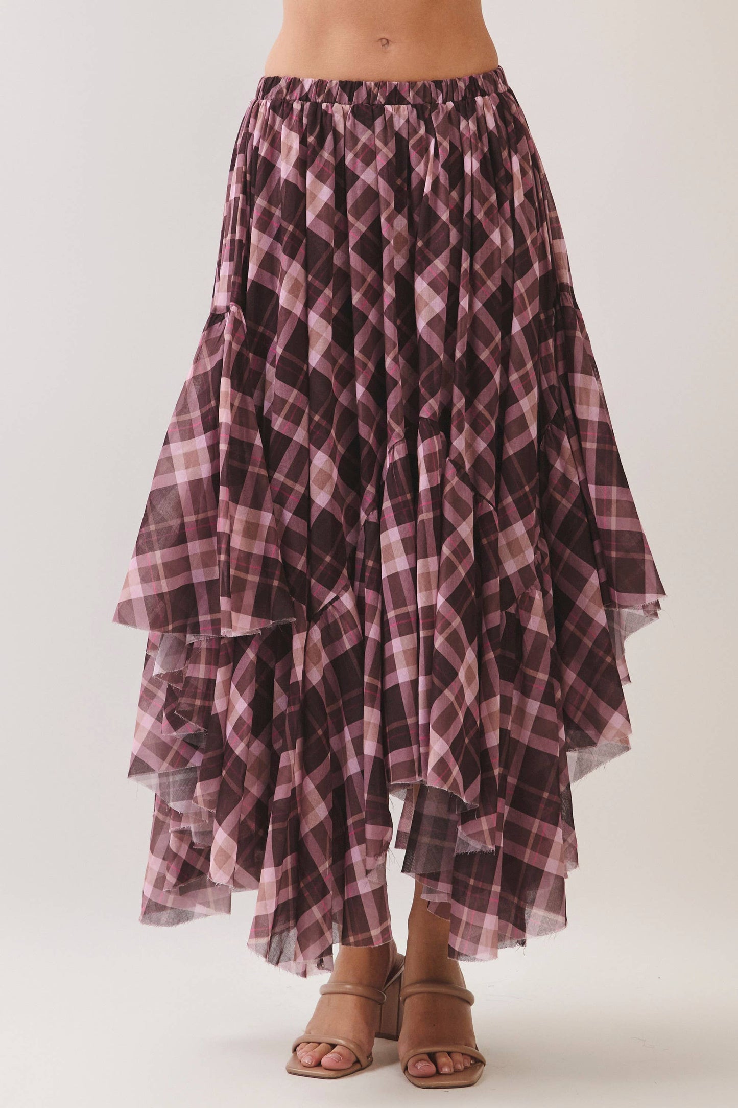 Plaid Asymmetrical Tiered Maxi Skirt