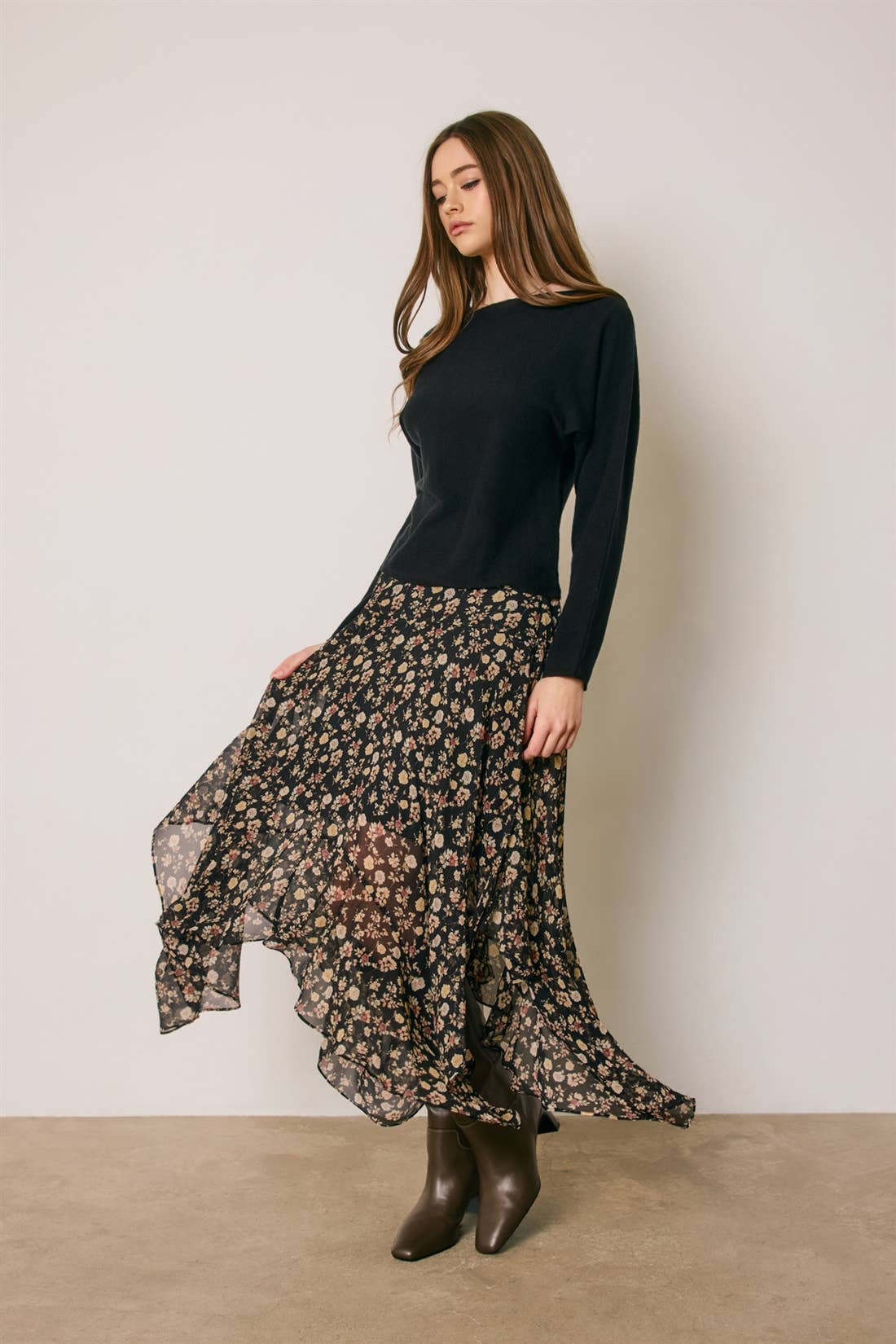 Floral Ruffled Handkerchief Hem Skirt