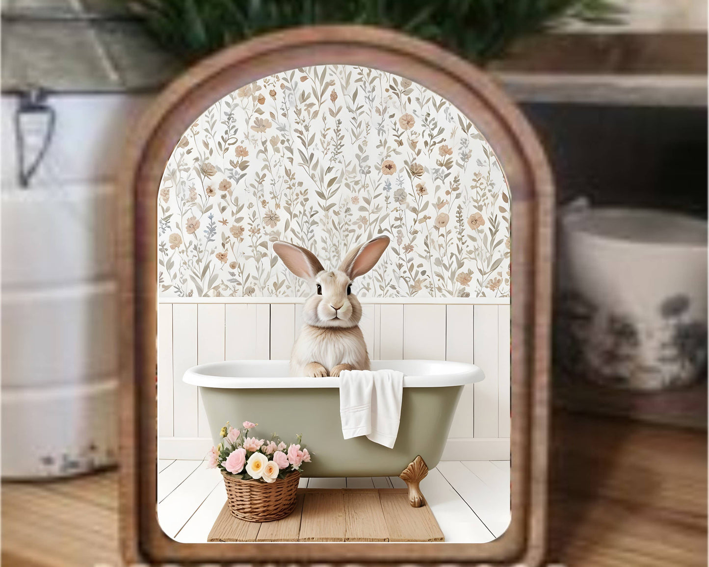 Arch Top Bunny in Tub Framed Art