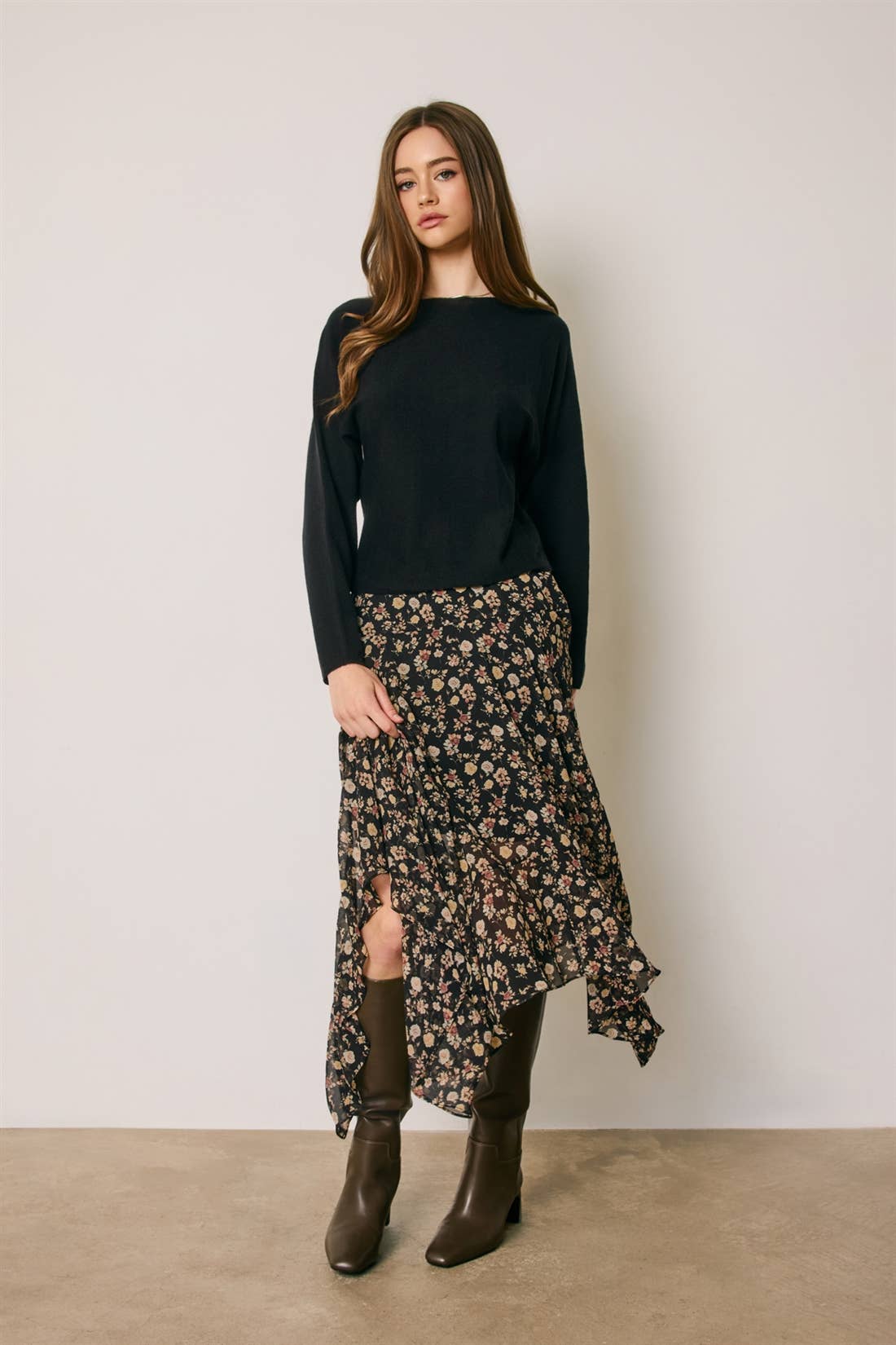 Floral Ruffled Handkerchief Hem Skirt