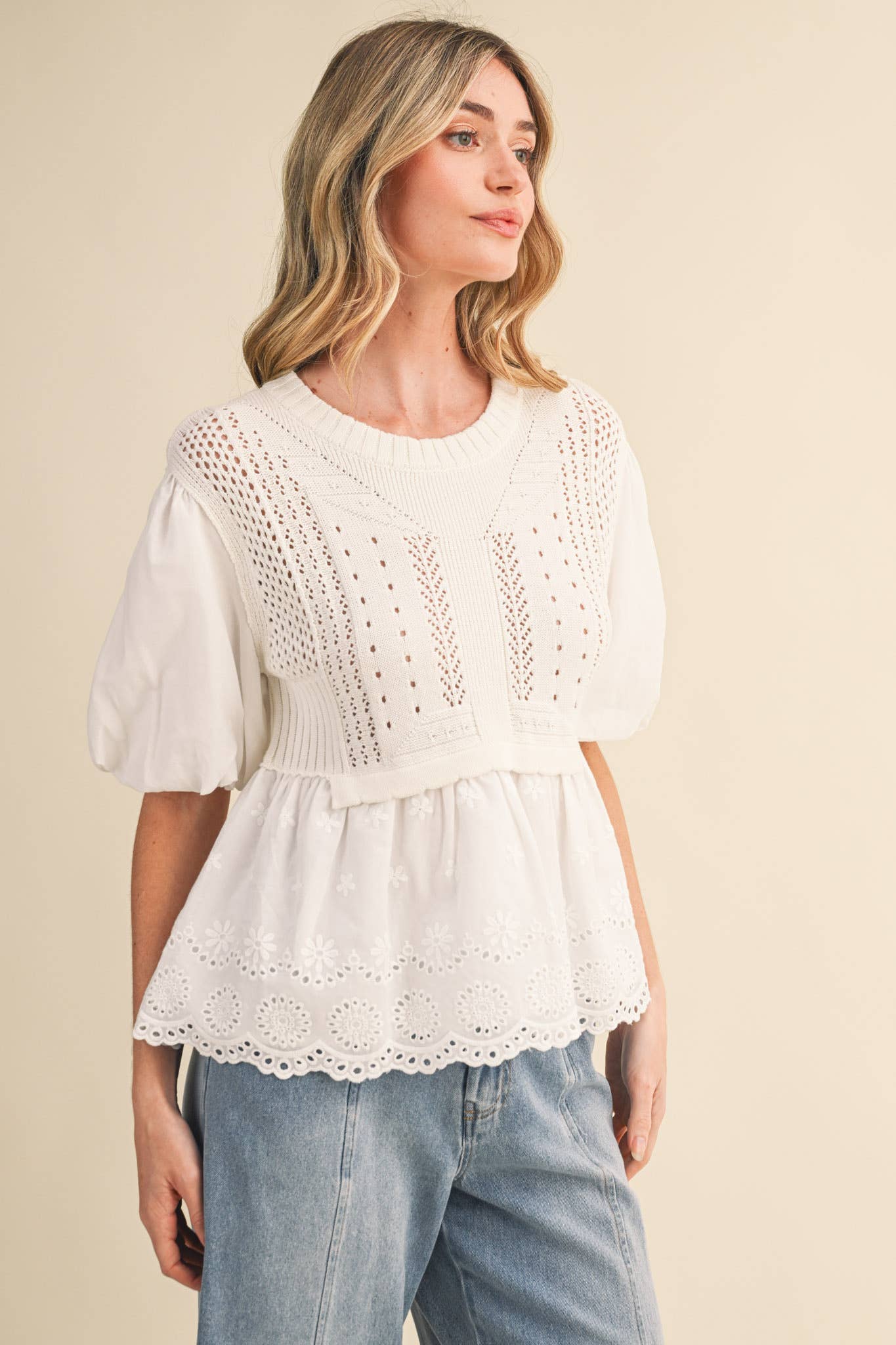 Pointelle Bubble Sleeve Sweater Top