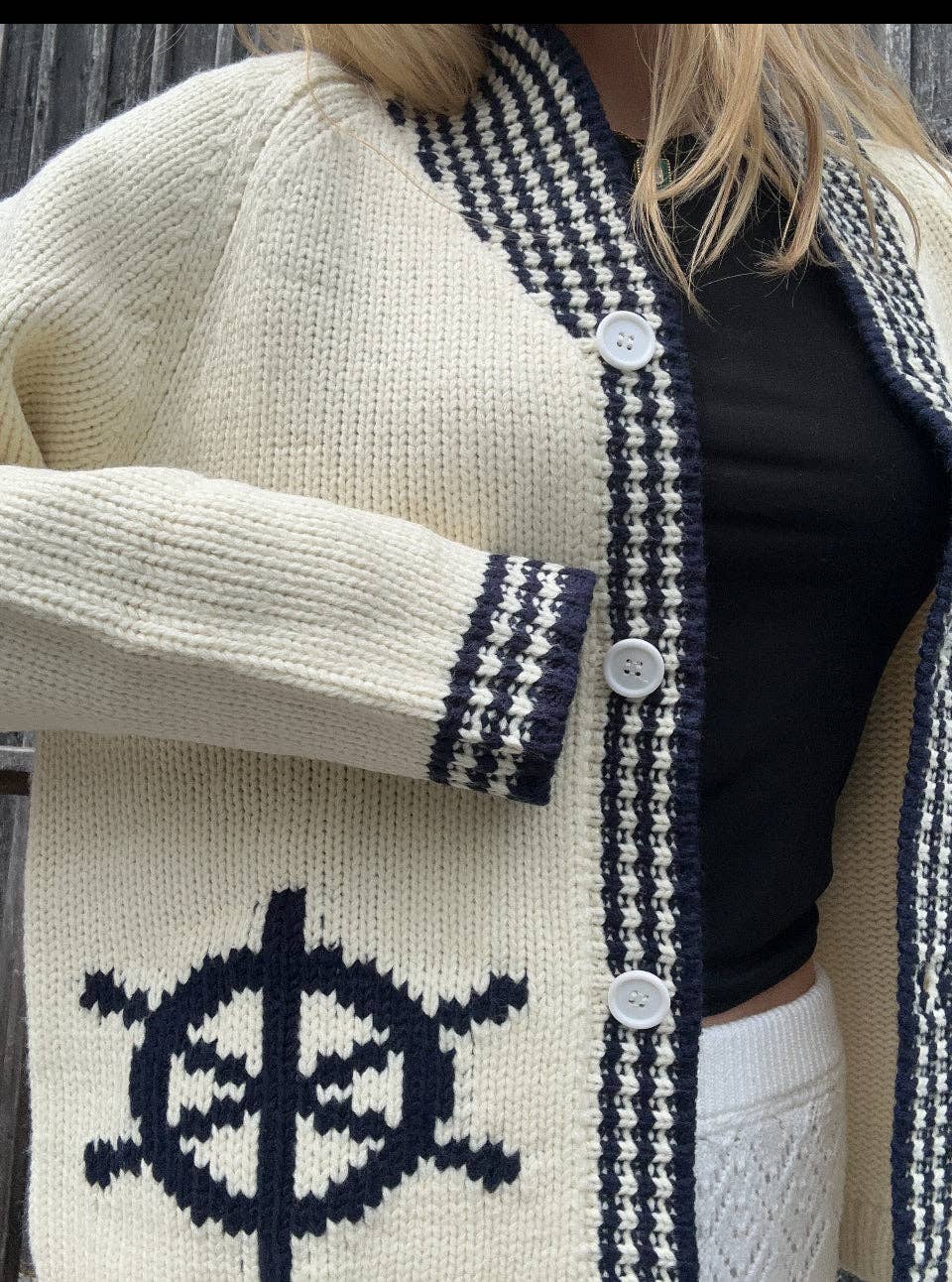 Sketchbook Sailboat Varsity Cardigan in Ivory