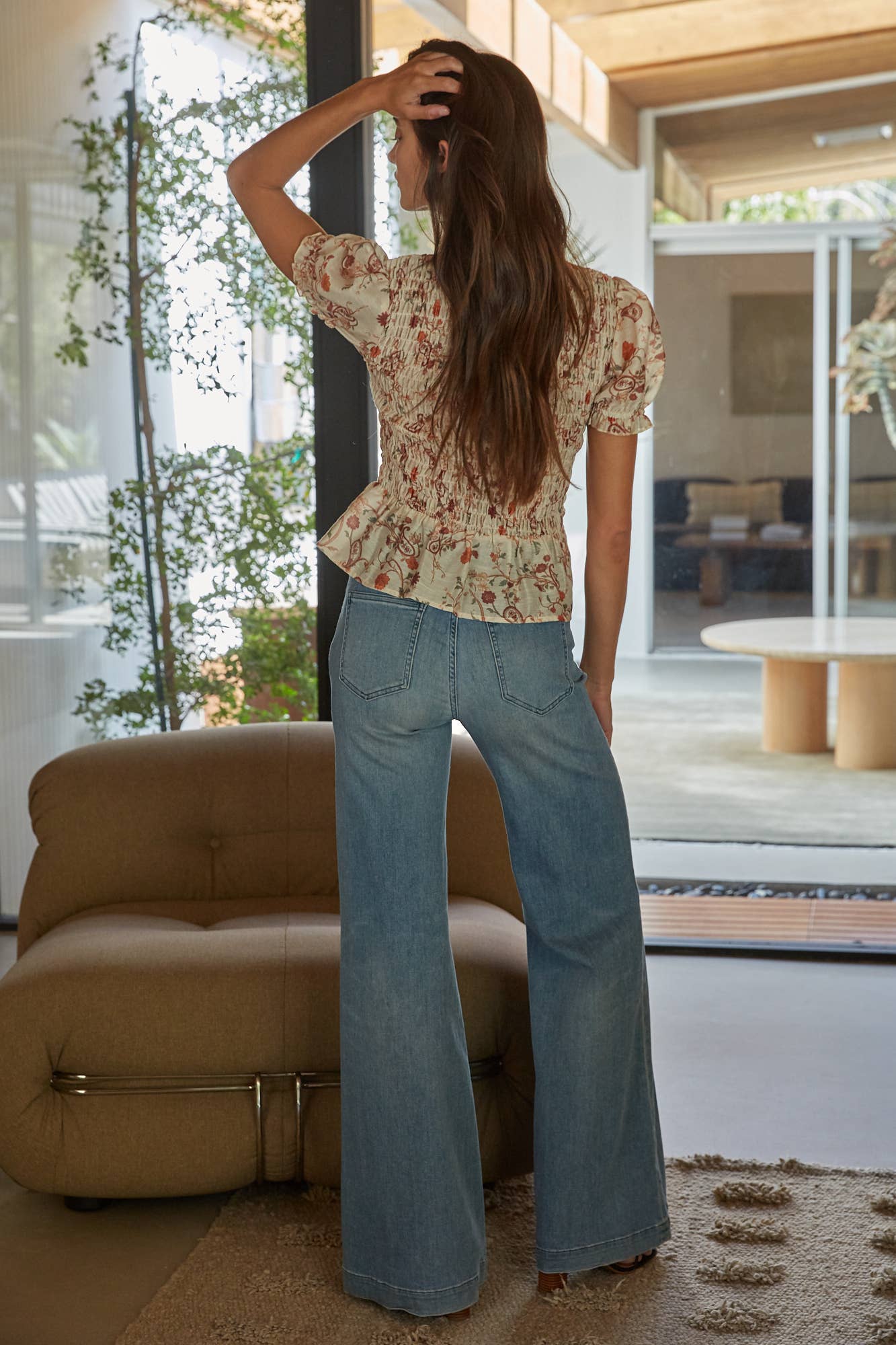 Woven Floral Print Smocked Peplum Blouse