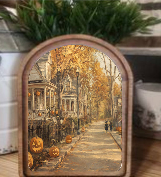 Arch Top Halloween Street Framed Art