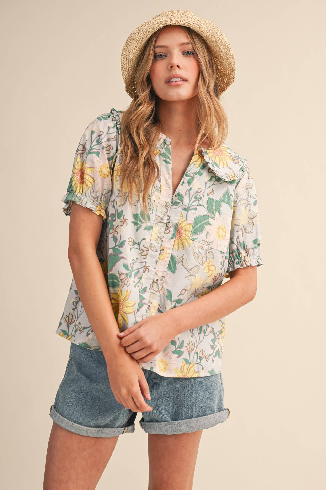 FLORAL PRINT DOLL COLLAR BUTTON DOWN