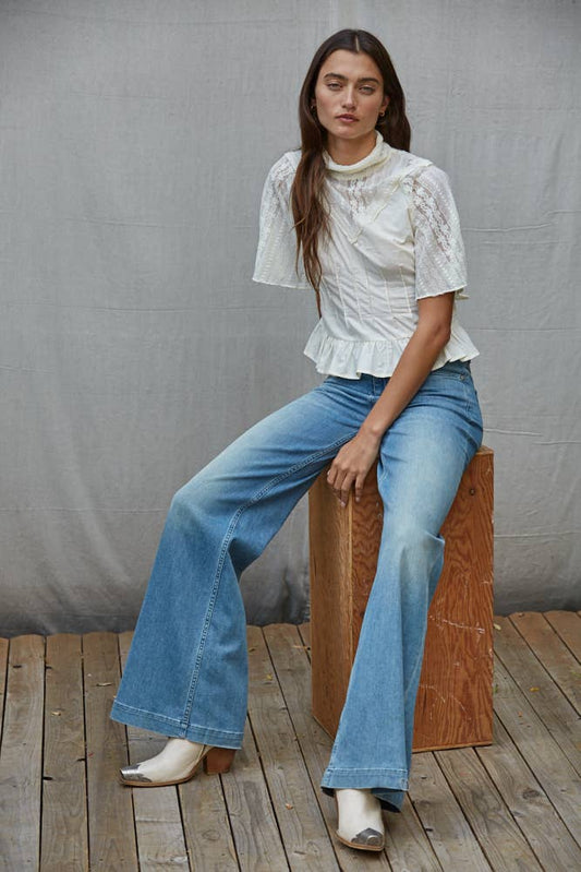 Woven Cotton Sheer Lace Mock Neck Short Sleeve Top